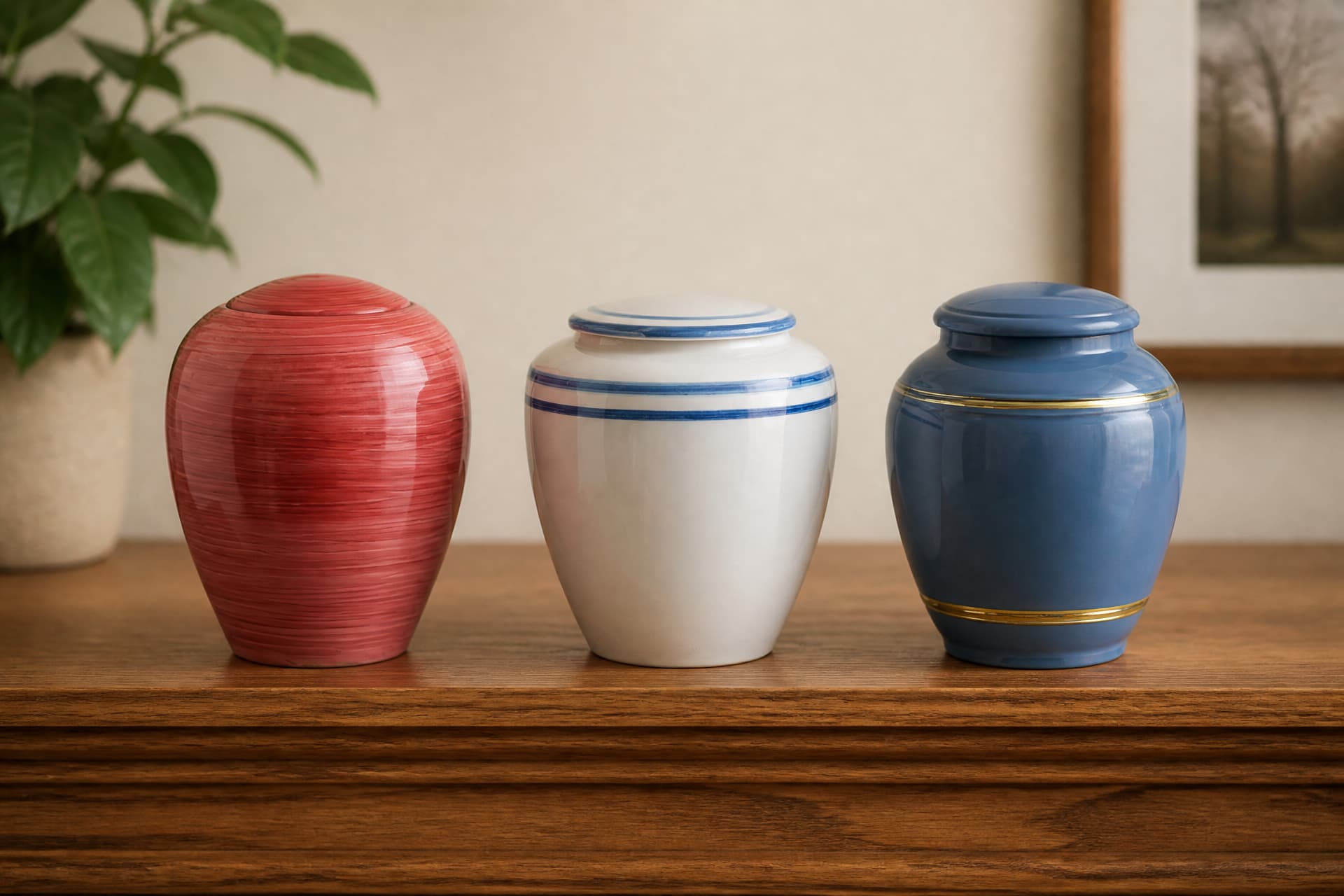 Three plain lidded ceramic and porcelain cremation urns — one rose, one white with fine blue bands, one blue with fine gold bands — standing side by side on a wooden shelf