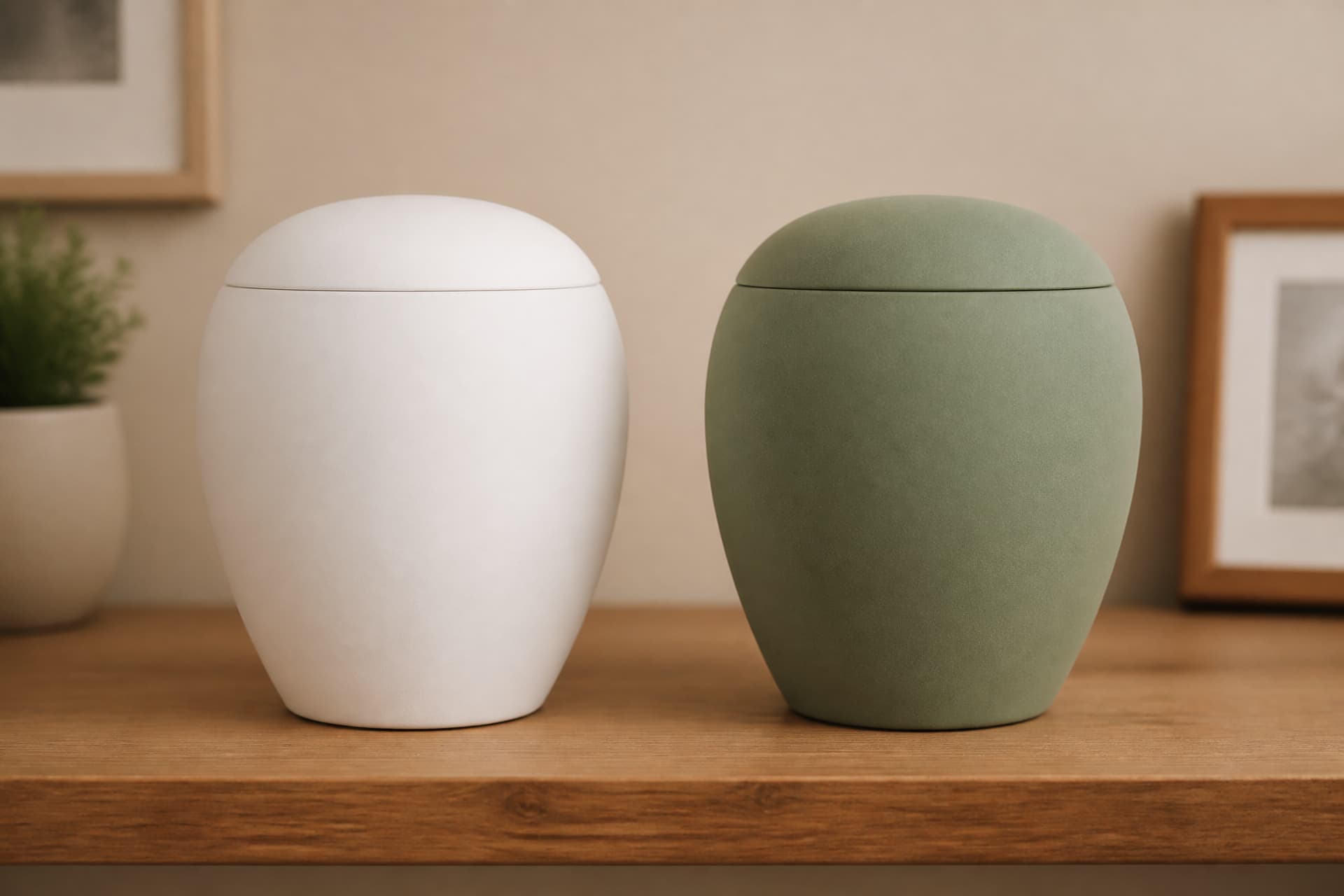 Two plain matte ceramic keepsake urns, one white and one sage green, standing side by side on a wooden shelf