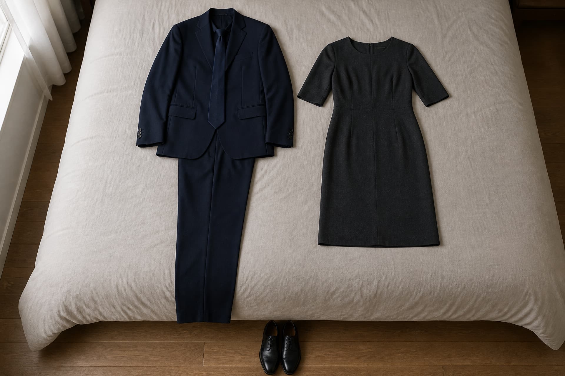 A dark navy suit with a plain tie laid beside a modest charcoal dress on a bed, with plain dark shoes at the foot of the frame