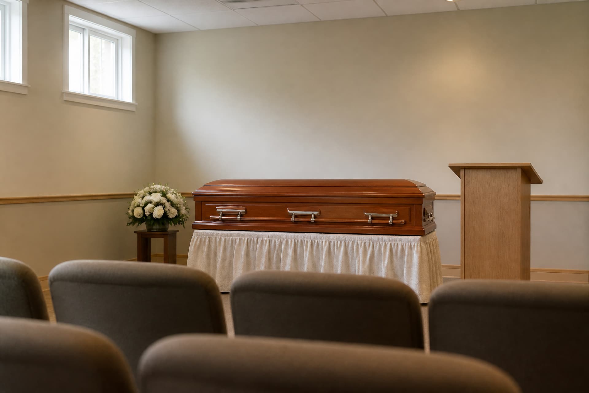 A plain closed casket on a draped bier at the front of a simple meeting hall, with a low wooden lectern beside it and one small arrangement of white flowers