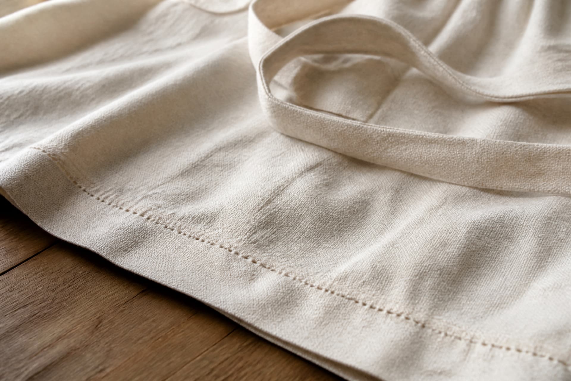 A close three-quarter view of undyed white linen showing a visible hand-stitched hem, with a plain woven tie sash laid across the cloth