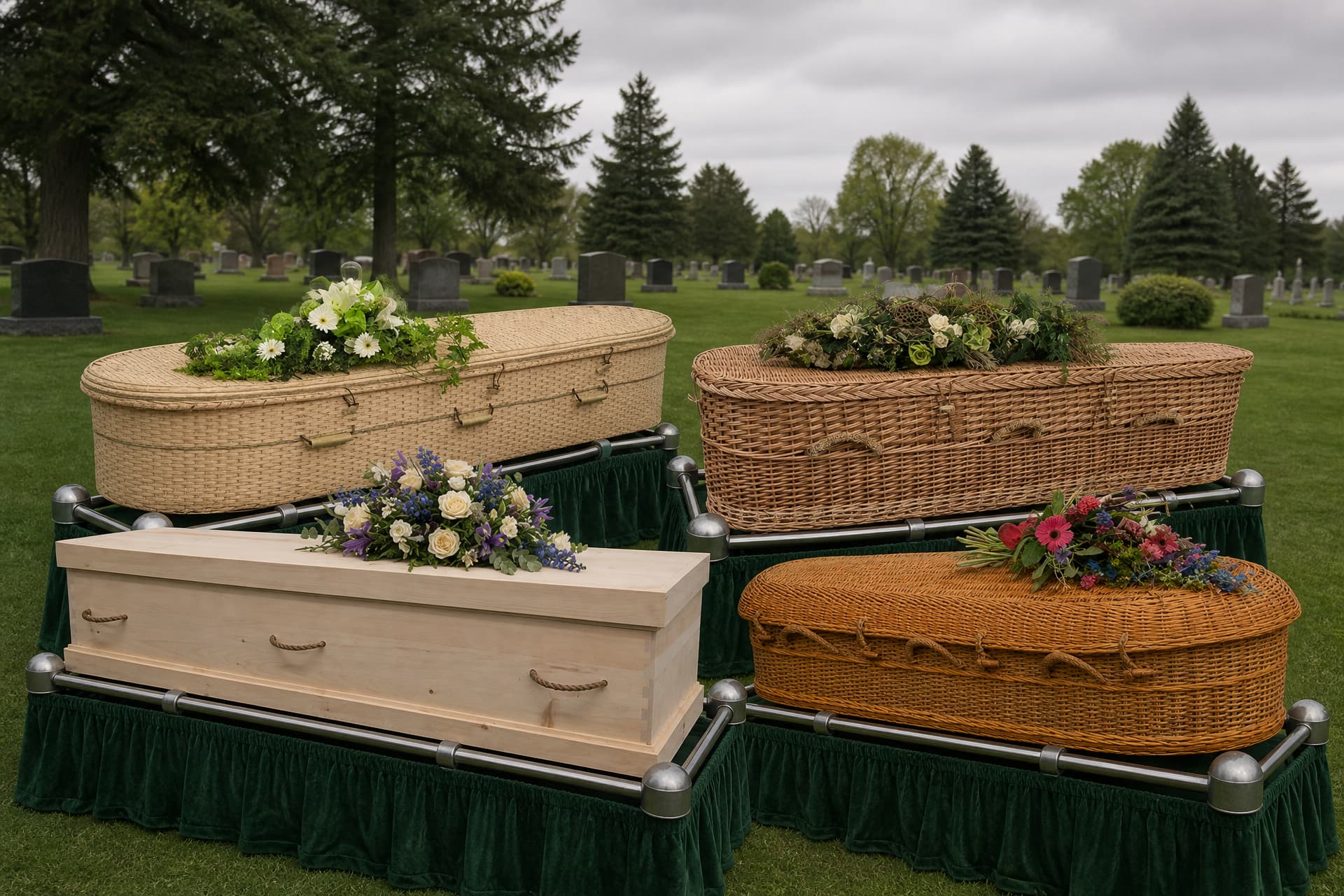 Four caskets resting on lowering rails on a cemetery lawn under overcast daylight โ a plain pine box with rope handles alongside woven bamboo, willow and seagrass designs, each carrying a floral spray from the product photography