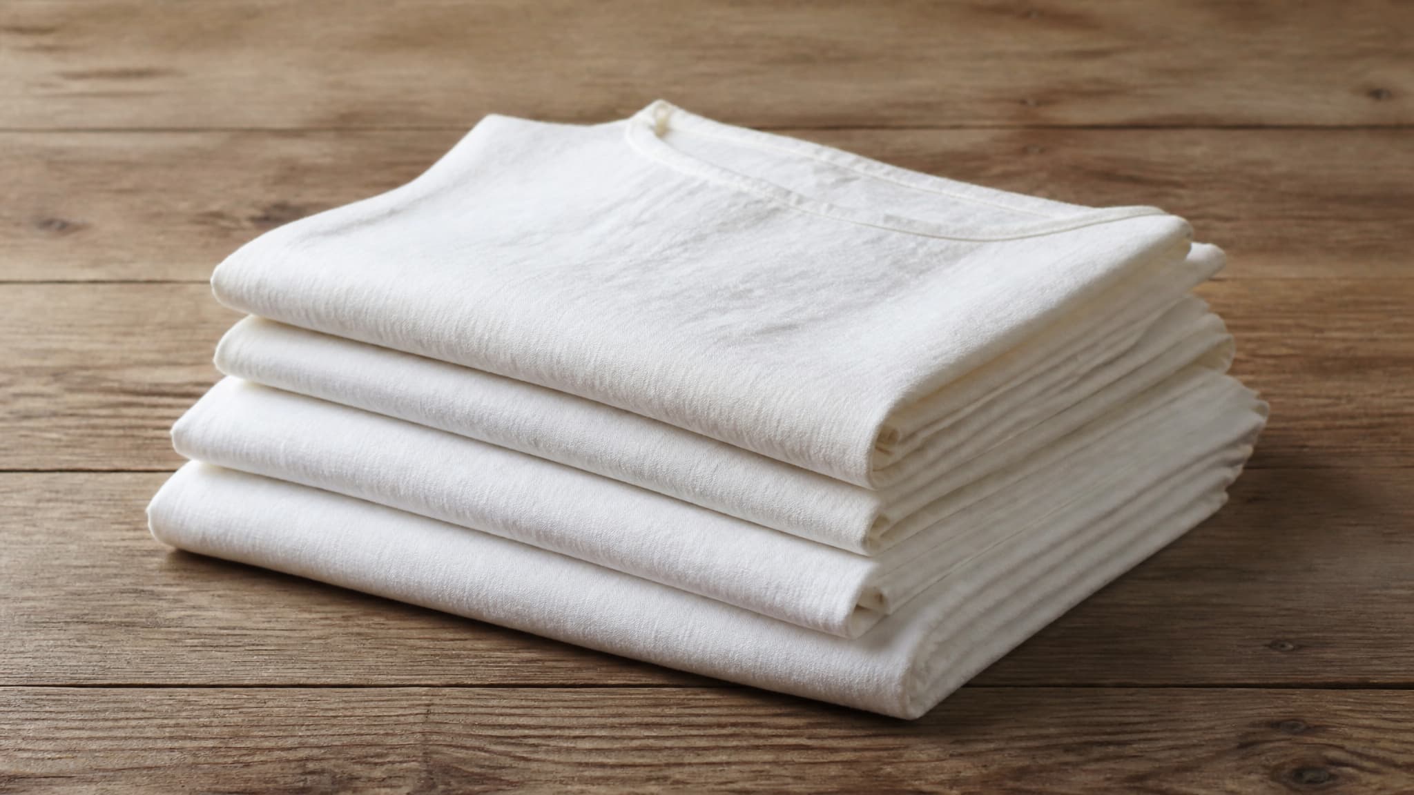 A neatly folded stack of plain undyed white linen garments resting on a bare wooden table in soft daylight