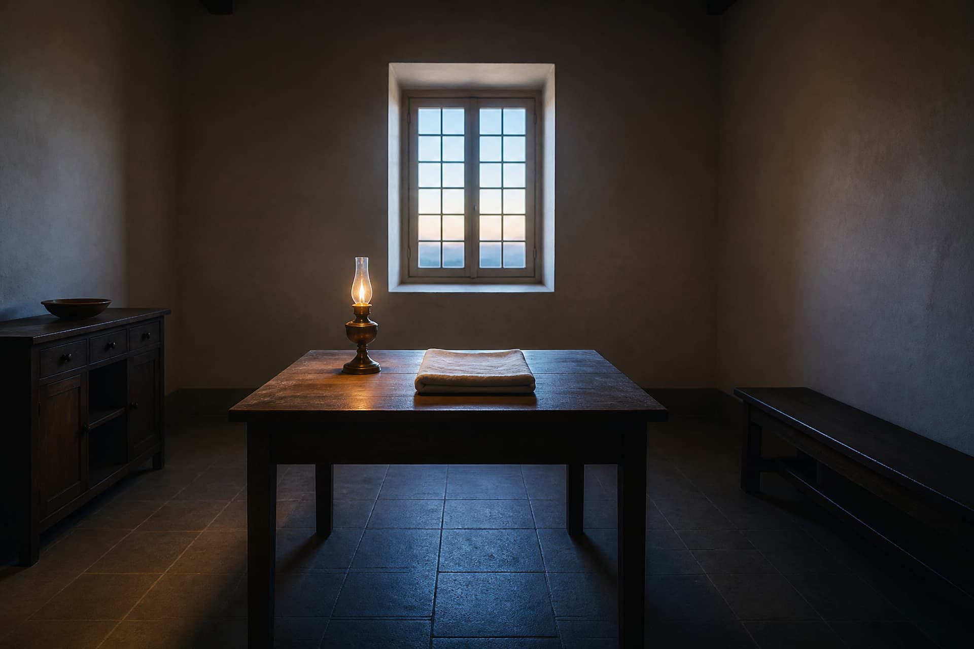 A quiet empty preparation room at dawn with a plain table, a folded white cloth and a single lit lamp, no people present