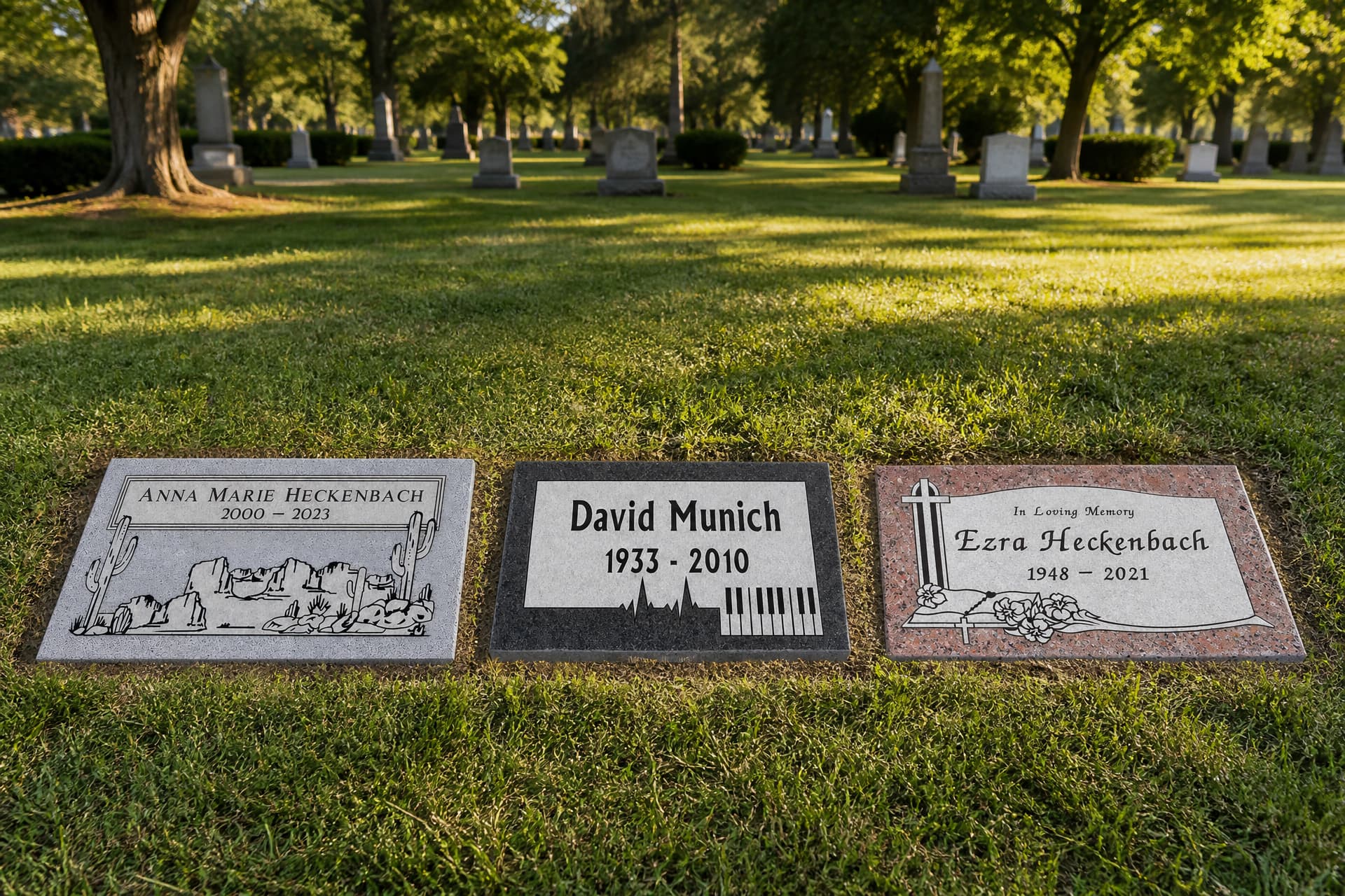 3 lápidas de granito colocadas a ras de la hierba en un cementerio soleado