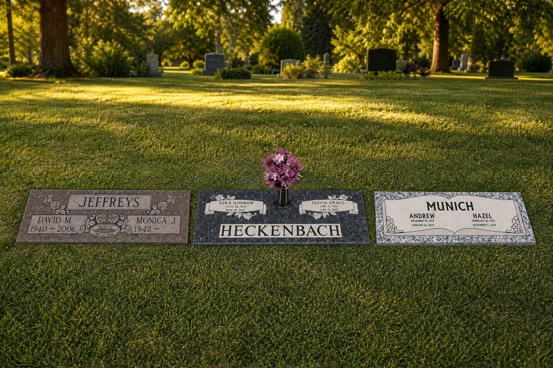 3 lápidas dobles de granito colocadas a ras de la hierba en un cementerio soleado