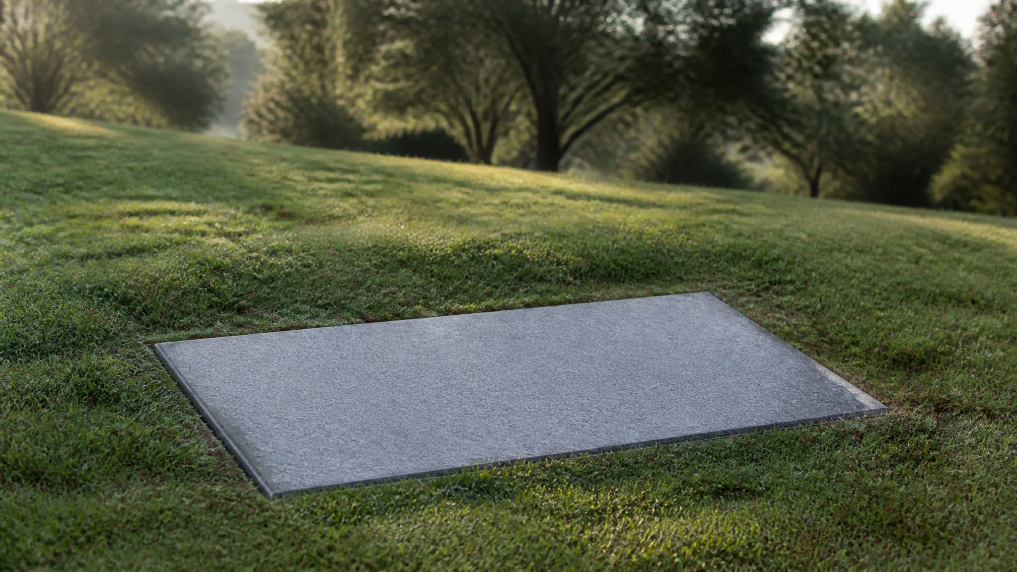 Una lápida sencilla de granito gris colocada a ras de la hierba en un cementerio tranquilo, con luz suave de la mañana y árboles al fondo