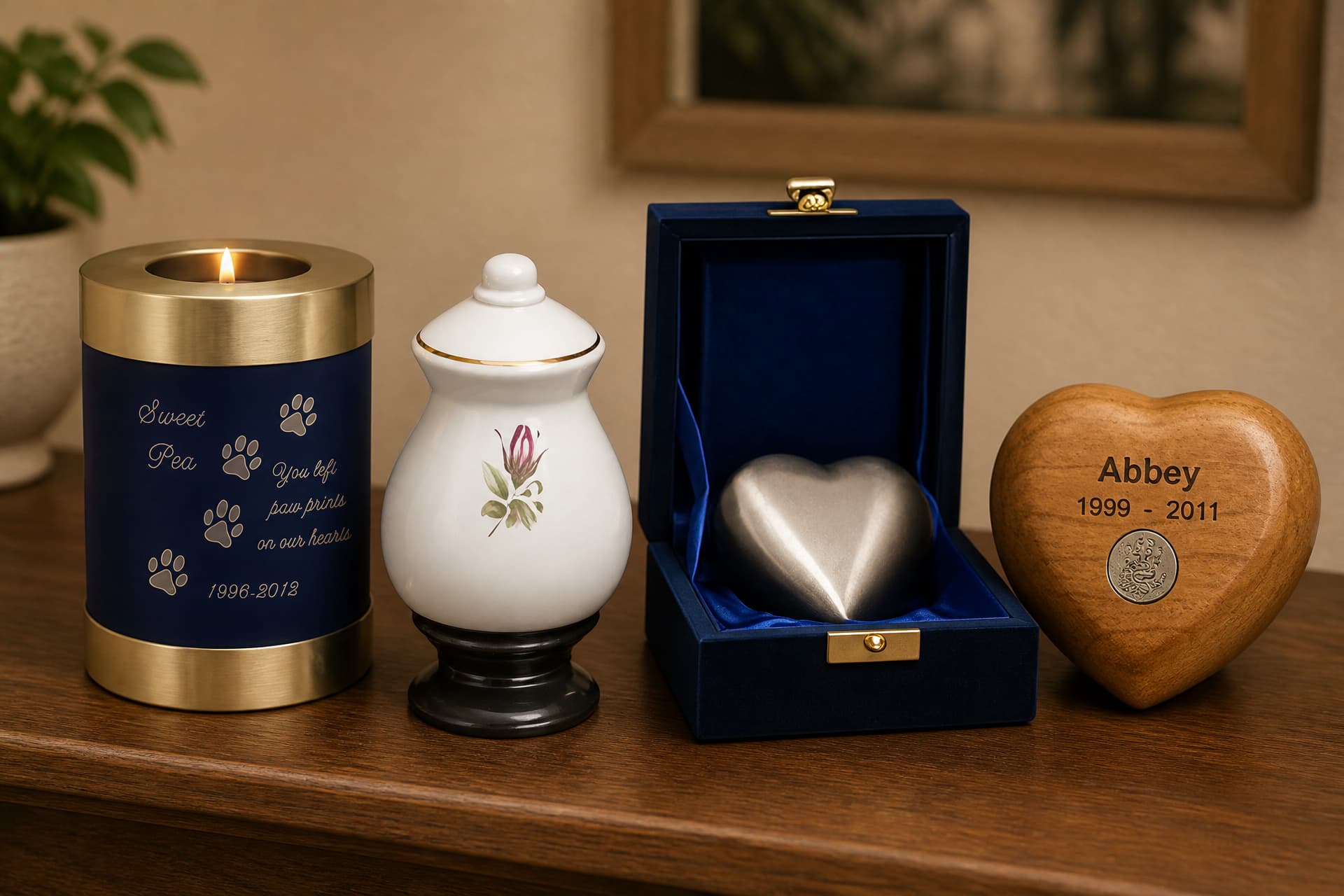 Four small keepsake urns in glass, stone and pewter arranged on a wooden shelf