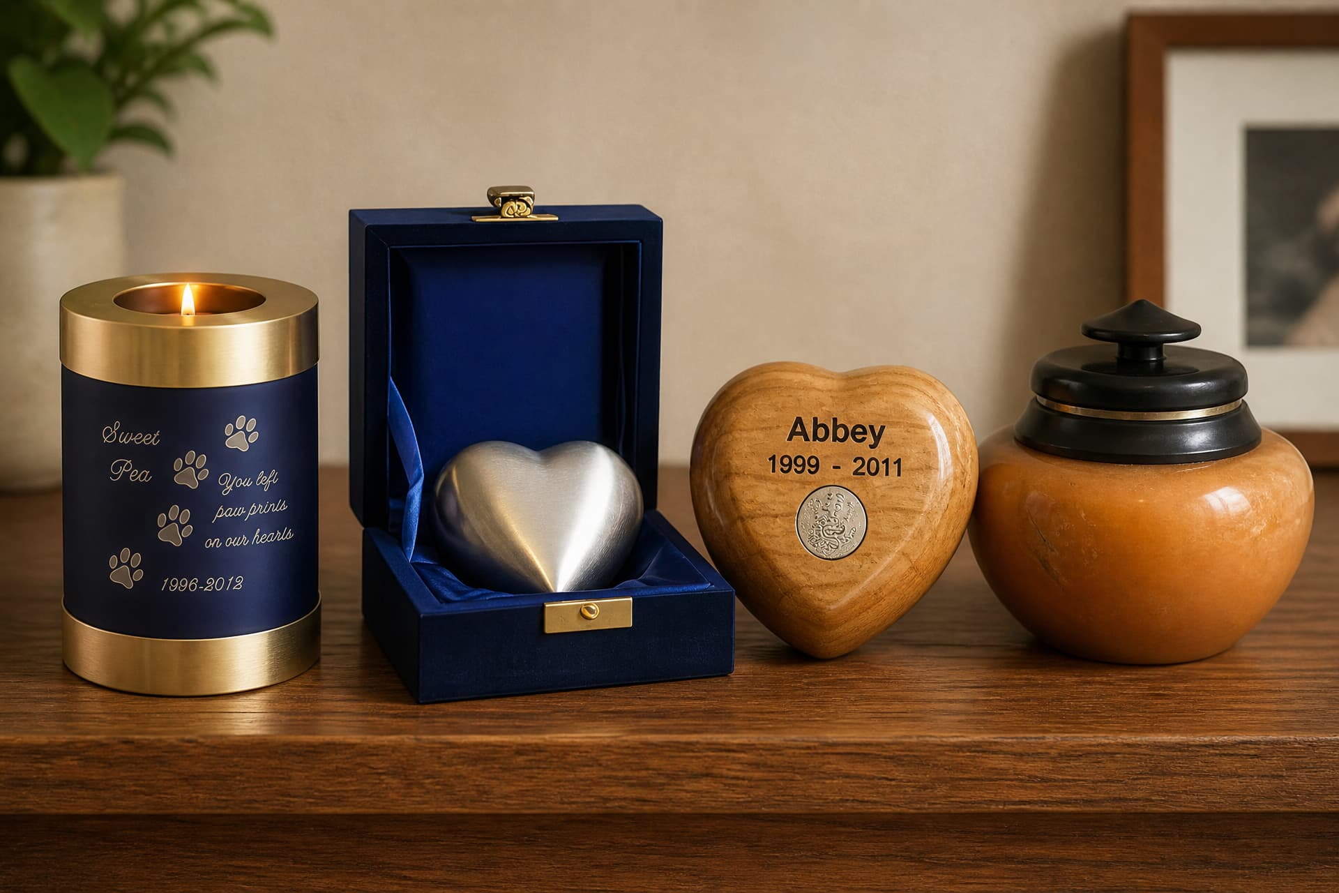 Four small pet keepsake urns on a wooden shelf โ a navy and brass candle urn, a pewter heart in a velvet box, an engraved cherry wood heart and an amber alabaster urn