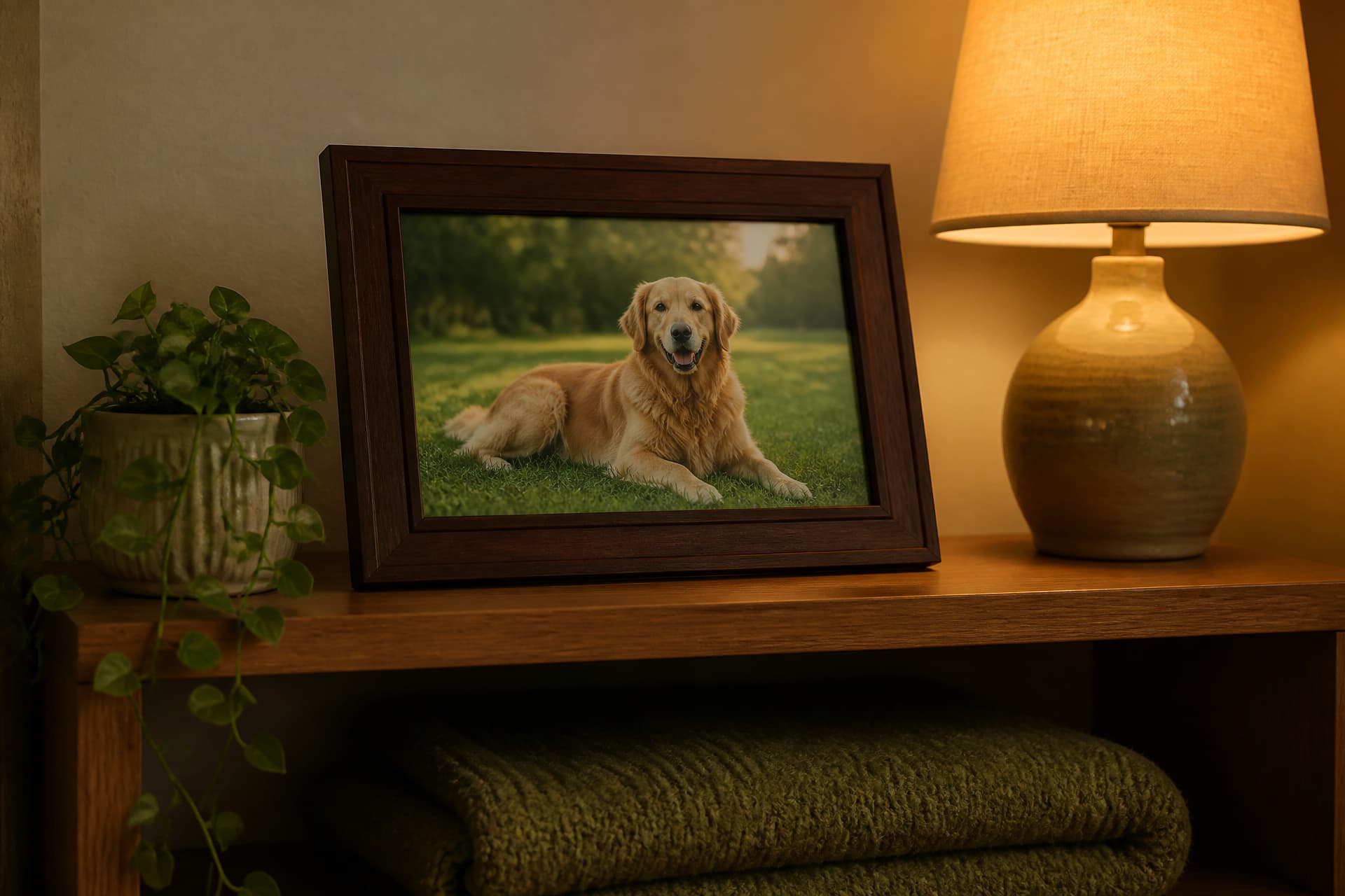 A framed photograph of a dog on a shelf a year later, a small plant beside it