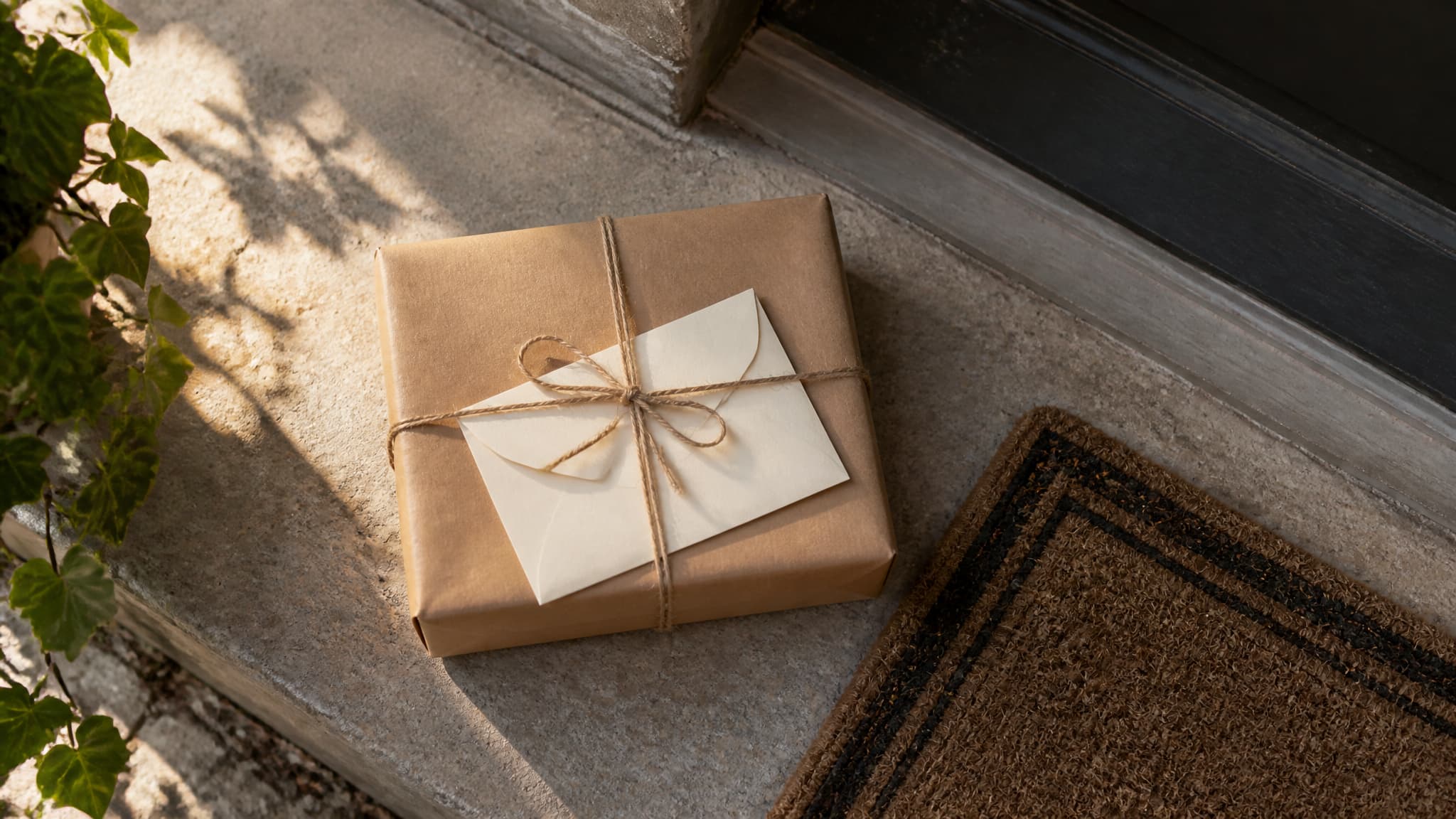 A small wrapped parcel and a plain card on a doorstep in morning light