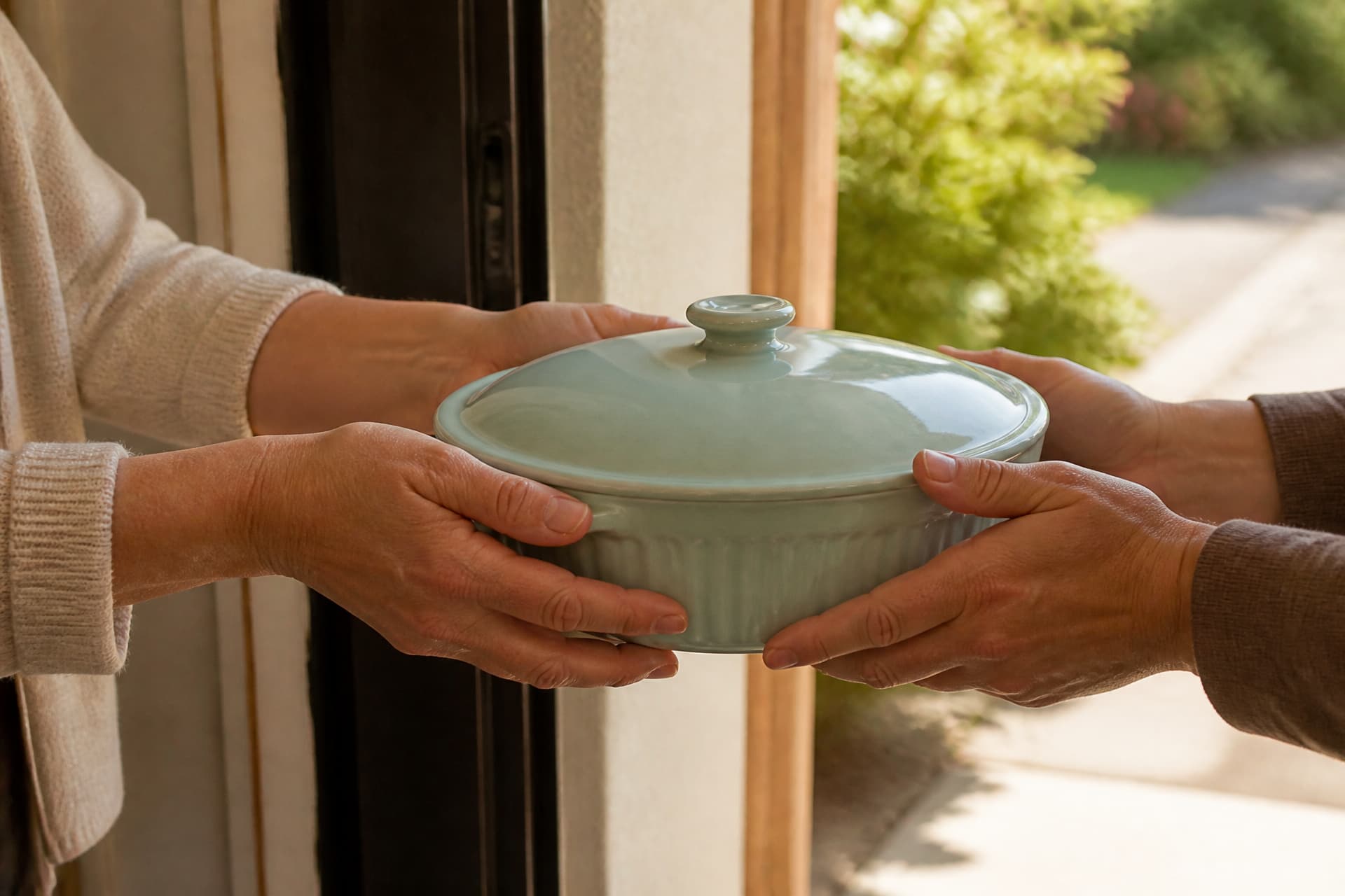 Two pairs of hands passing a covered casserole dish across a doorway