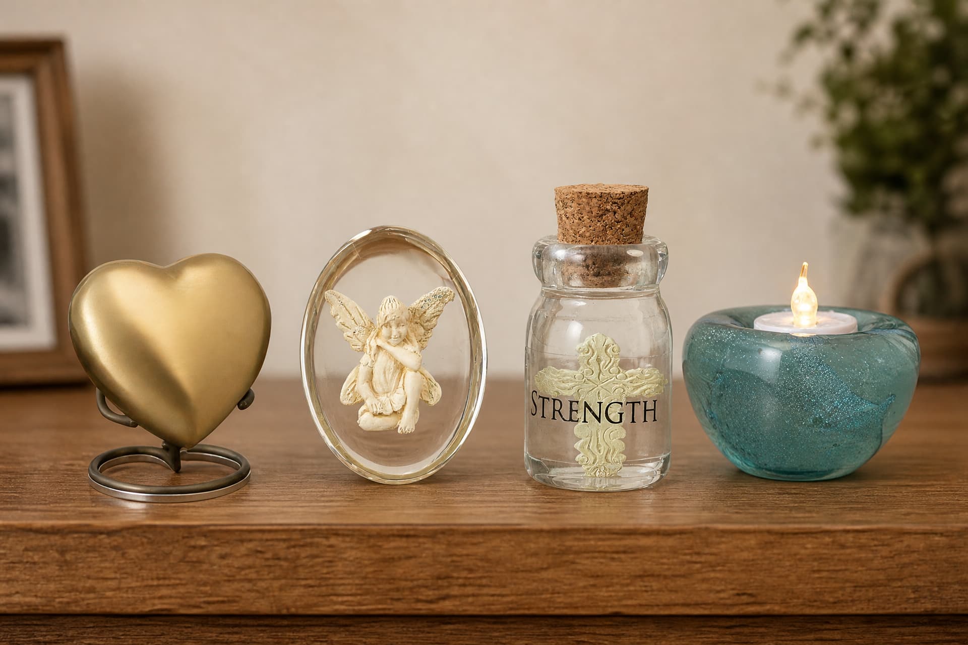 Four small memorial keepsakes on a wooden shelf โ a brass heart on a wire stand, a resin fairy set in a clear glass oval, a corked glass bottle marked Strength, and a teal glass tea light holder with a lit candle