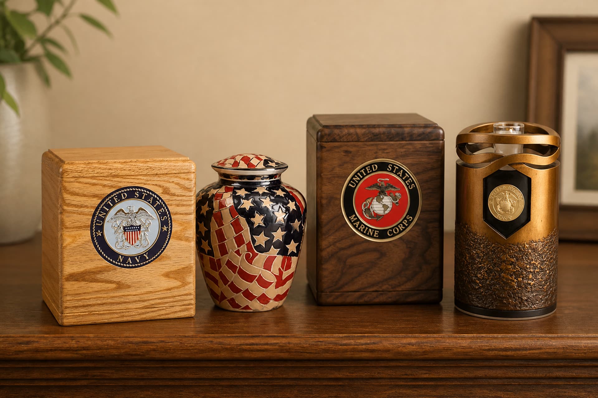Four military cremation urns on a family mantel: an oak box with the United States Navy seal, a flag-motif ceramic urn, a walnut box with the Marine Corps seal, and a bronze cylinder urn with a looped top and a service medallion