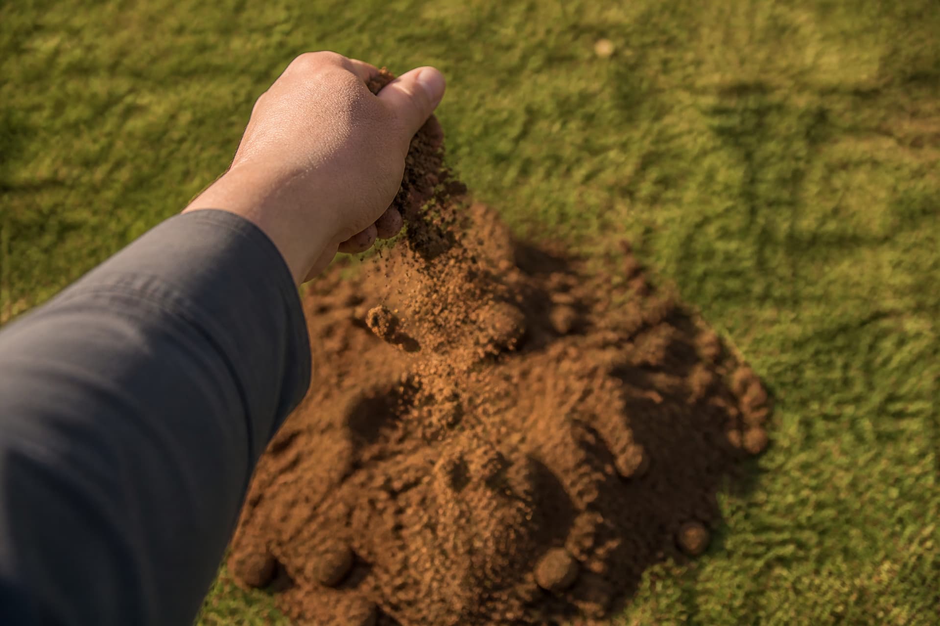 A close view from over a person's shoulder as one bare hand lets a handful of dry brown earth fall onto a heap of loose soil on green grass