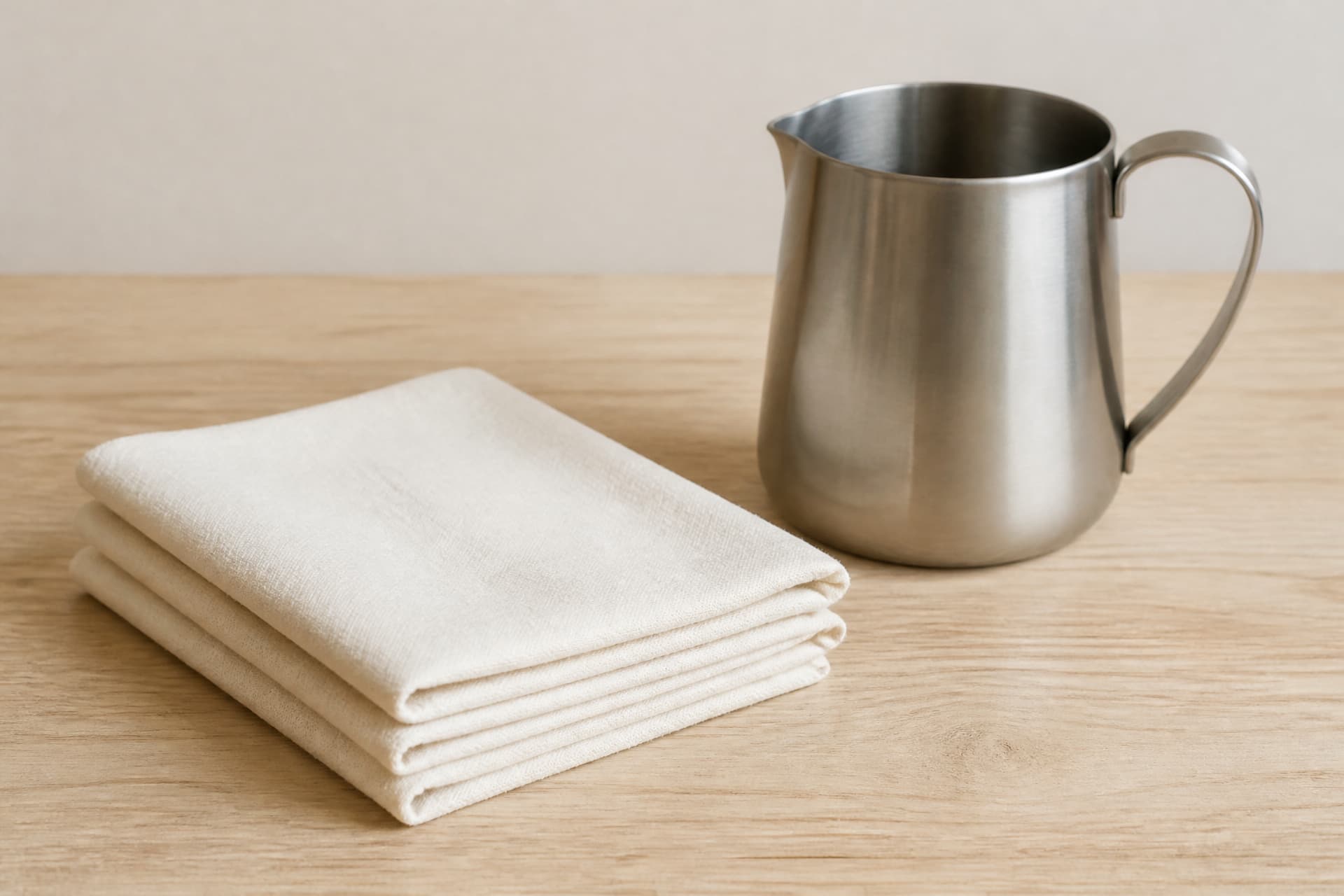 A folded stack of plain white cotton cloth on a bare wooden table beside a simple metal pitcher of water