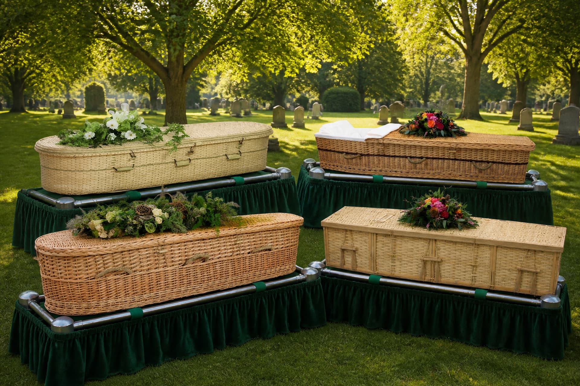 Four plain woven willow and bamboo biodegradable burial containers in natural undyed finishes, each with a floral spray on the lid, resting on draped biers on a cemetery lawn