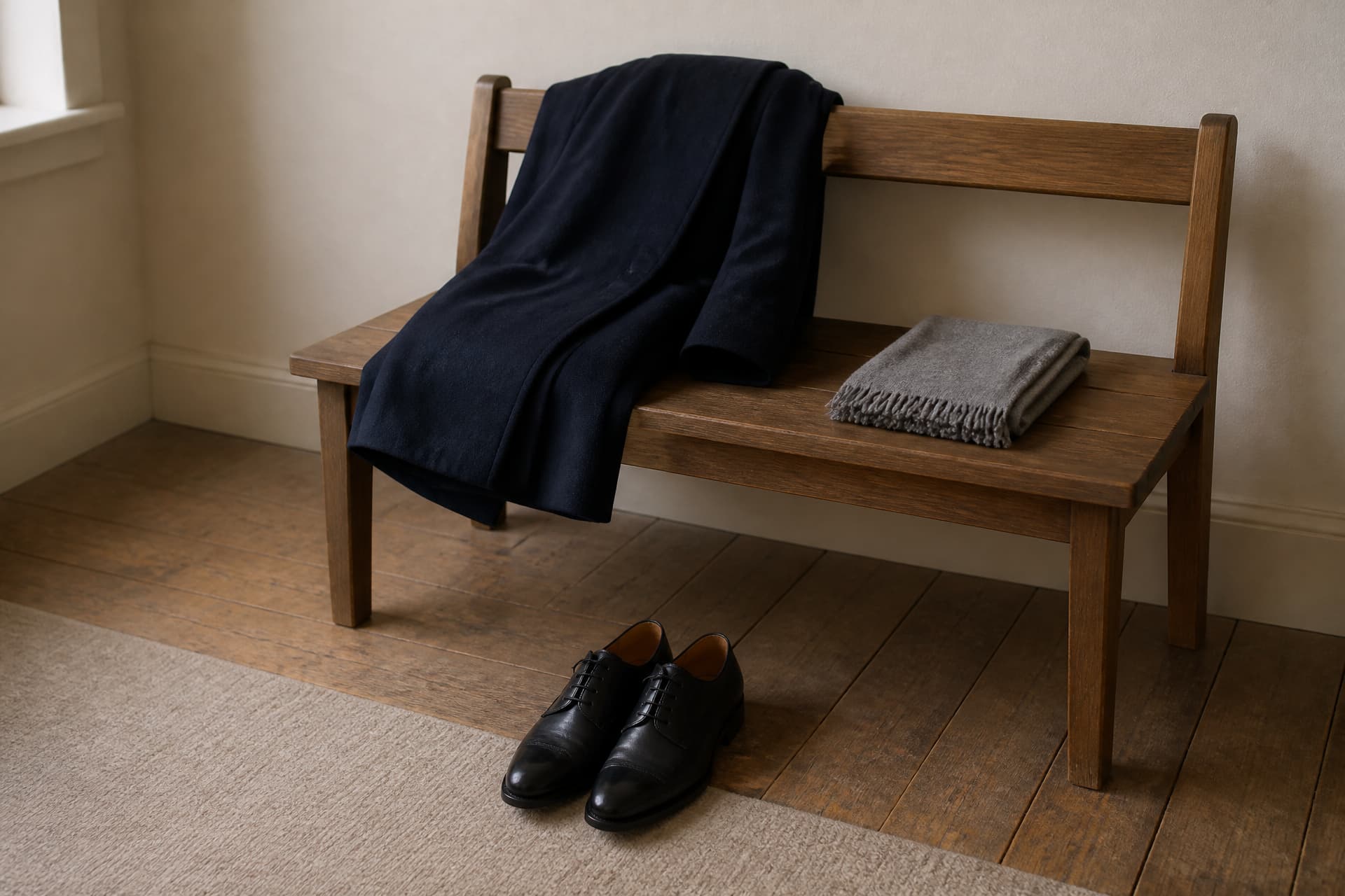 A plain dark long-sleeved coat and a folded neutral scarf laid over a wooden bench beside a pair of shoes set neatly on the floor