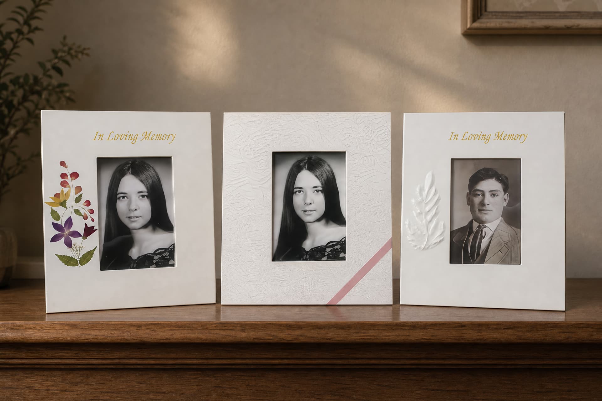 Three memorial photograph frames arranged on a wooden shelf in a softly lit family home