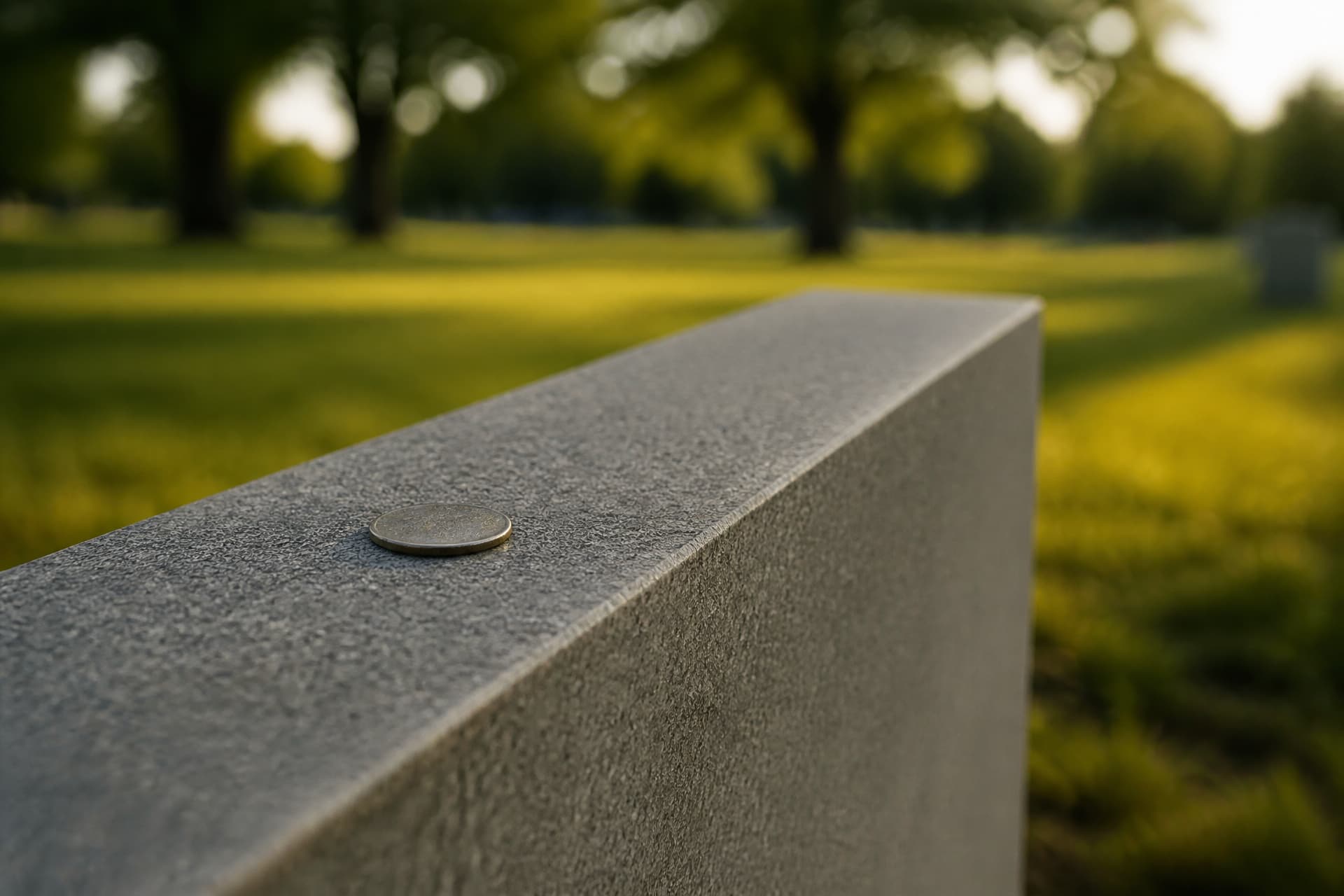 A single coin resting on the flat top edge of a plain gray granite grave marker in a quiet cemetery, late afternoon side light across mown grass with soft out-of-focus trees behind, the marker face blank and turned away from the camera