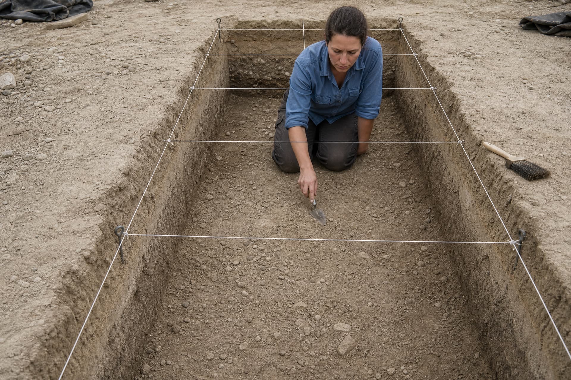 An archaeologist in a blue work shirt kneeling inside an excavation trench of dry pale soil, holding a pointing trowel, with white string grid lines pinned across the trench and a soft brush resting on its cut edge