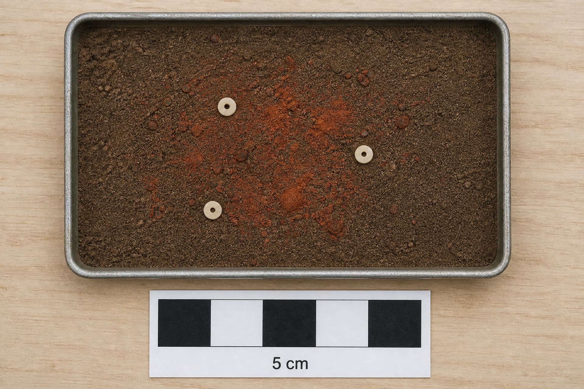 An overhead view of a shallow tray of dark earth on a plain worktable holding a scatter of red ochre powder and three small pierced shell beads beside a paper scale bar reading 5 cm