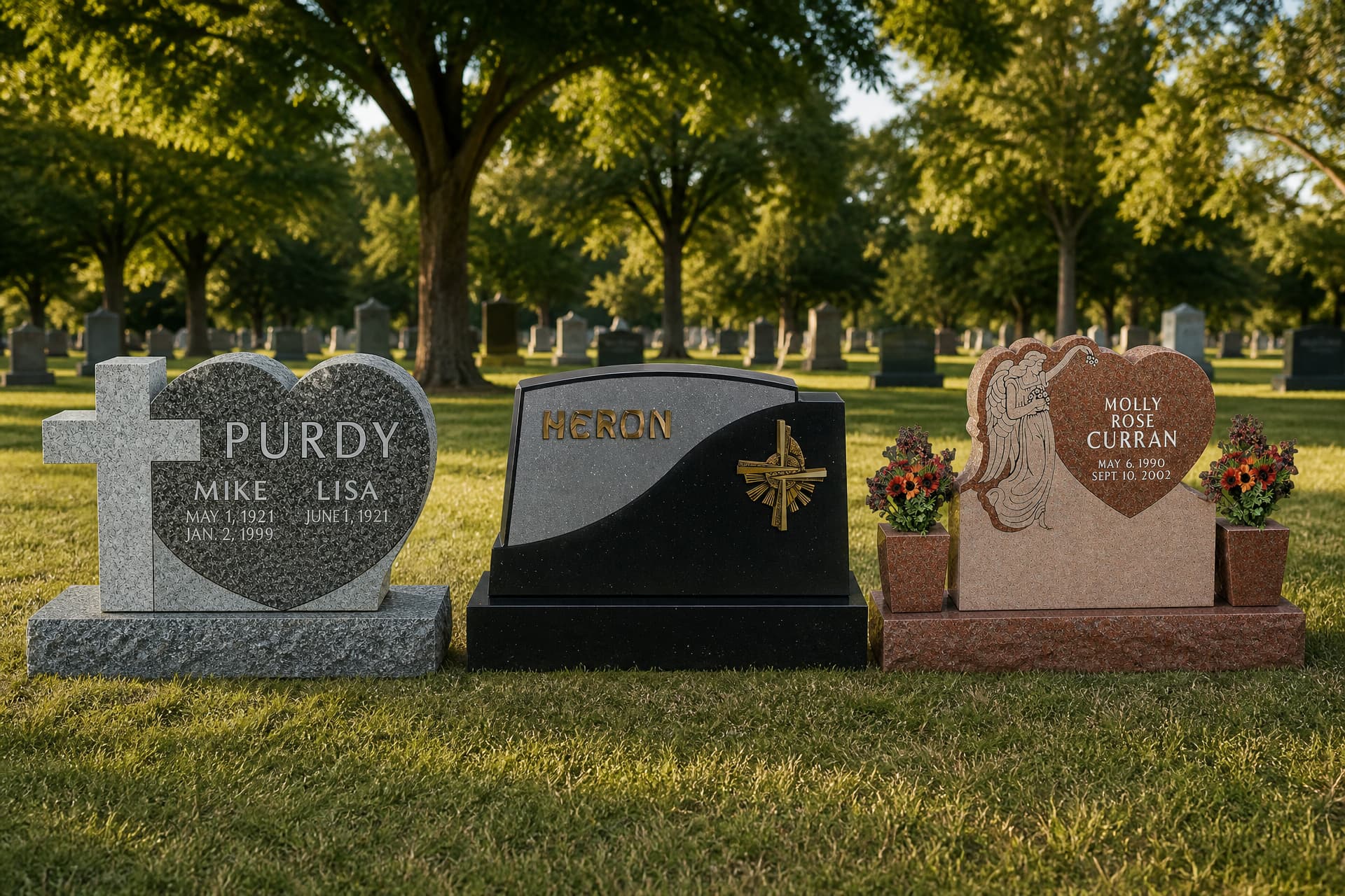 Three upright granite headstones standing side by side on a mown cemetery lawn in warm afternoon light, each carrying a carved name and dates