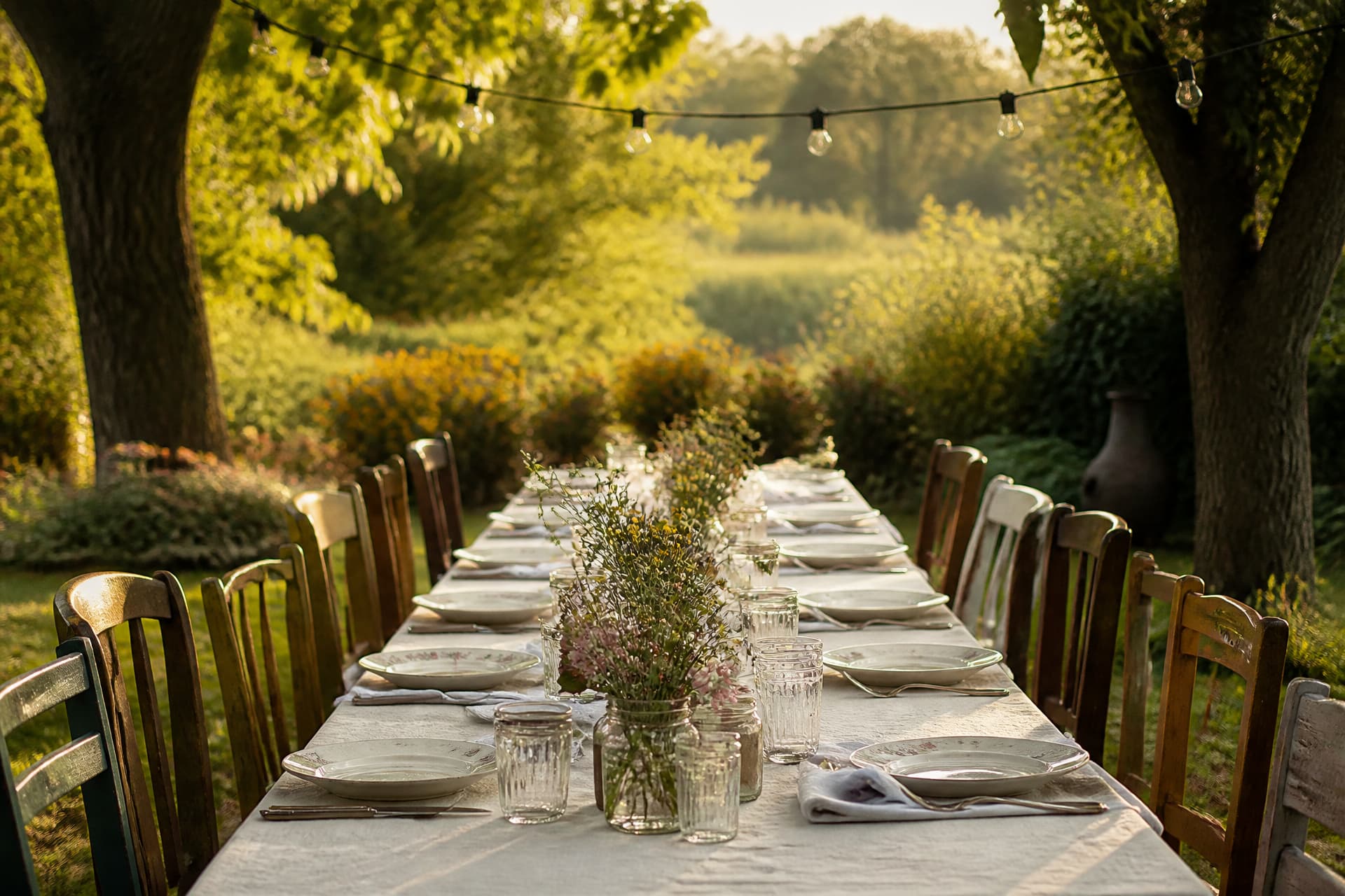 A long table laid outdoors in a garden in late summer with mismatched chairs along both sides, plates and glasses, jars of garden flowers down the middle and string lights hung between two trees overhead