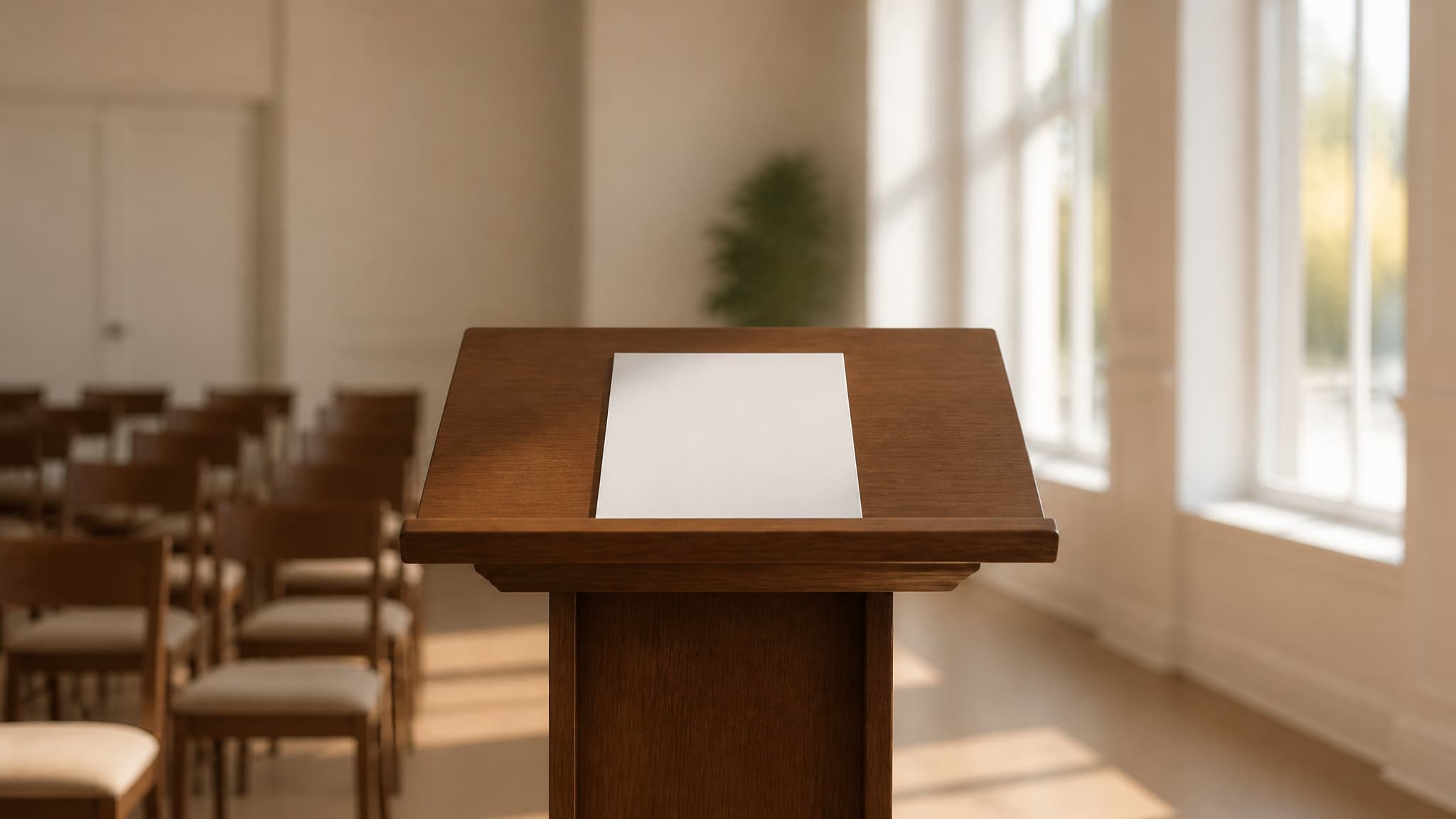A simple wooden lectern in a bright room with rows of empty chairs in soft focus behind it, a single sheet of paper resting on the lectern surface and tall windows letting in afternoon light