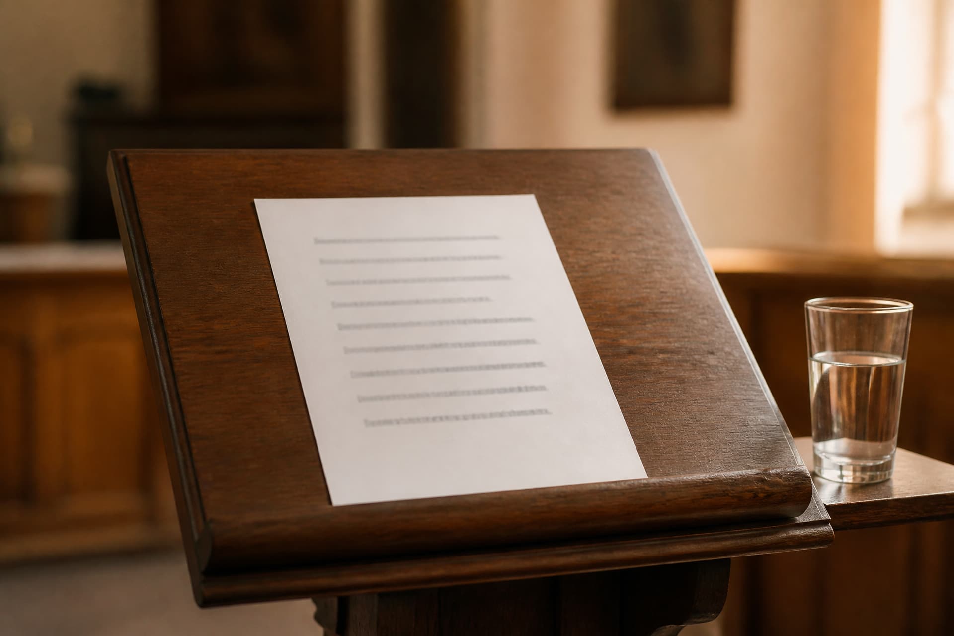 A single sheet of white paper on a wooden lectern top printed with about eight short widely spaced lines, too softly focused to read, a glass of water standing on the lectern shelf beside it