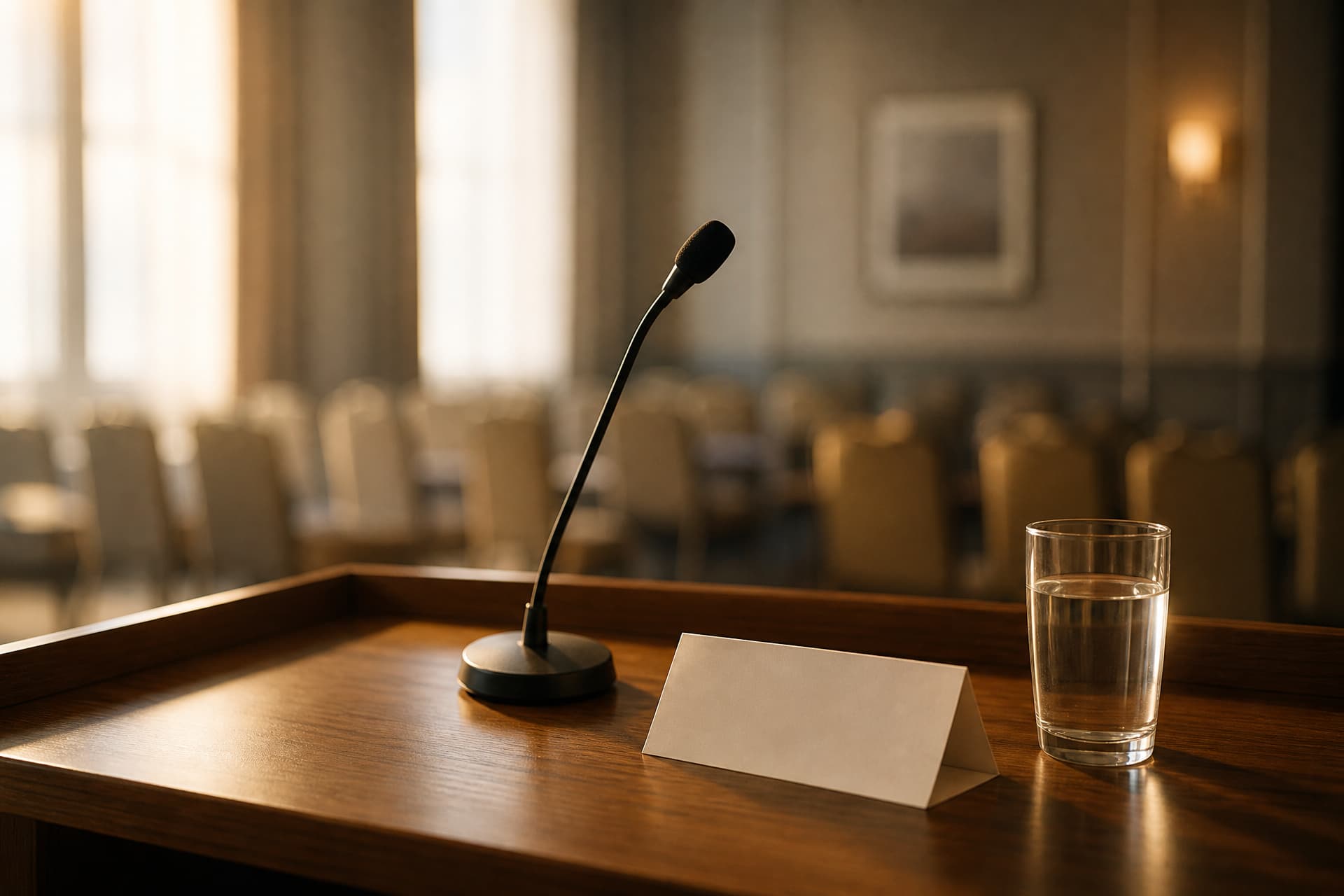 A slim microphone on a short desk stand resting on a wooden lectern top beside a folded running order and a glass of water, the room beyond softly out of focus