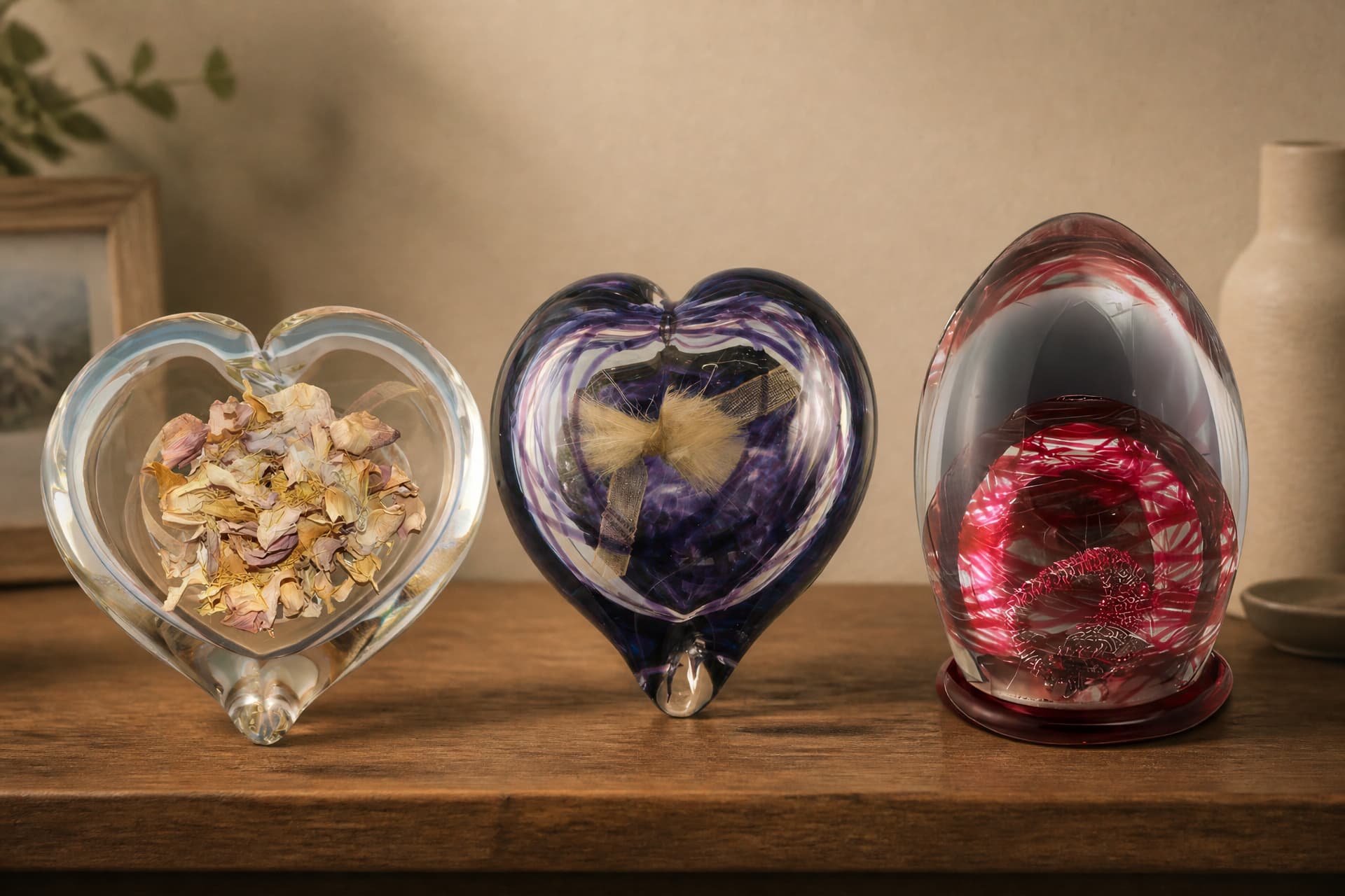 Three glass memorial keepsakes on a wooden mantel in a softly lit room, a clear heart holding dried petals, a purple swirled heart and a deep red ovoid on a wooden base