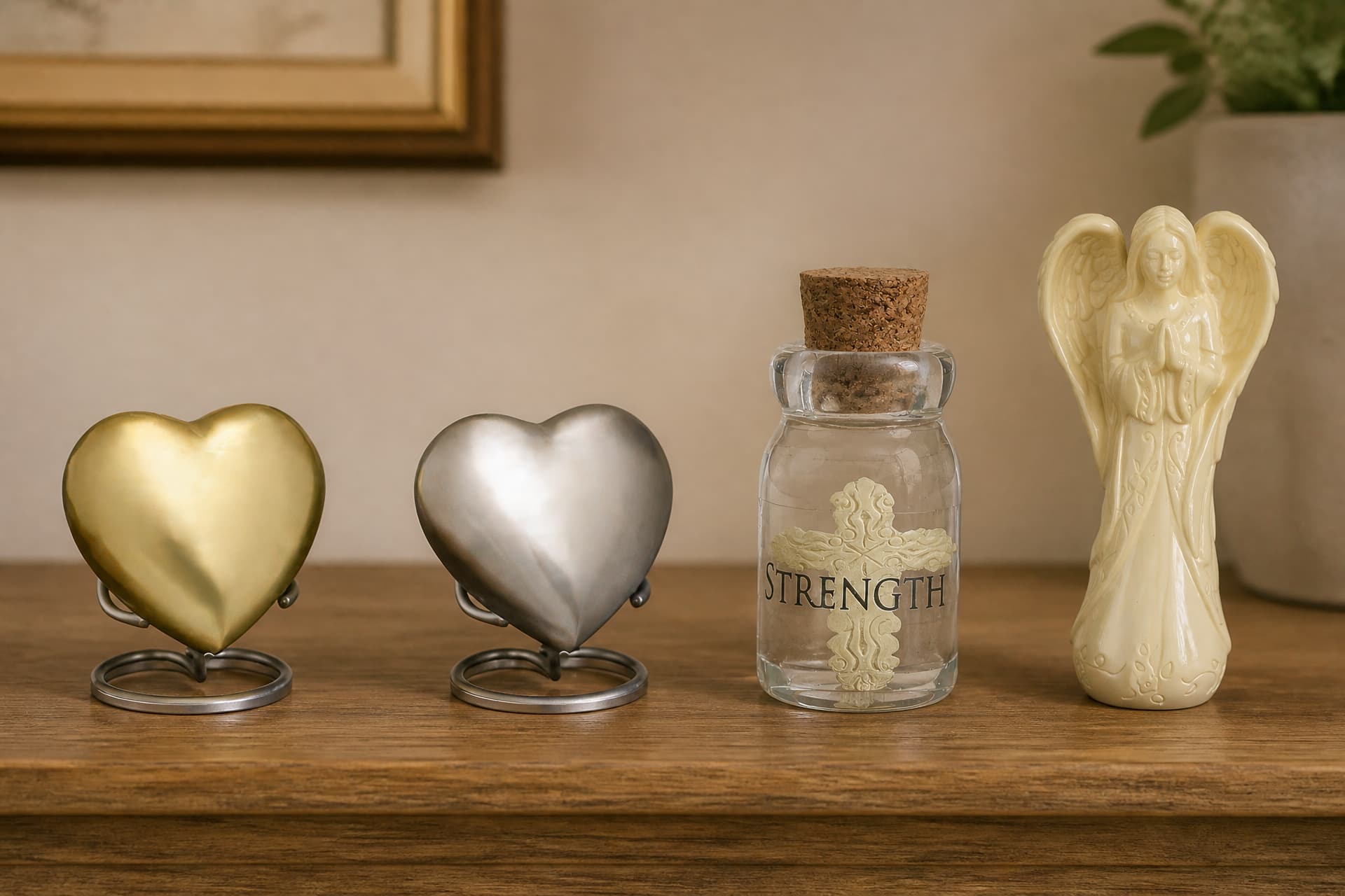 A brass heart keepsake and a pewter heart keepsake on wire stands, a corked glass bottle marked Strength, and a cream ceramic praying angel, on a wooden shelf