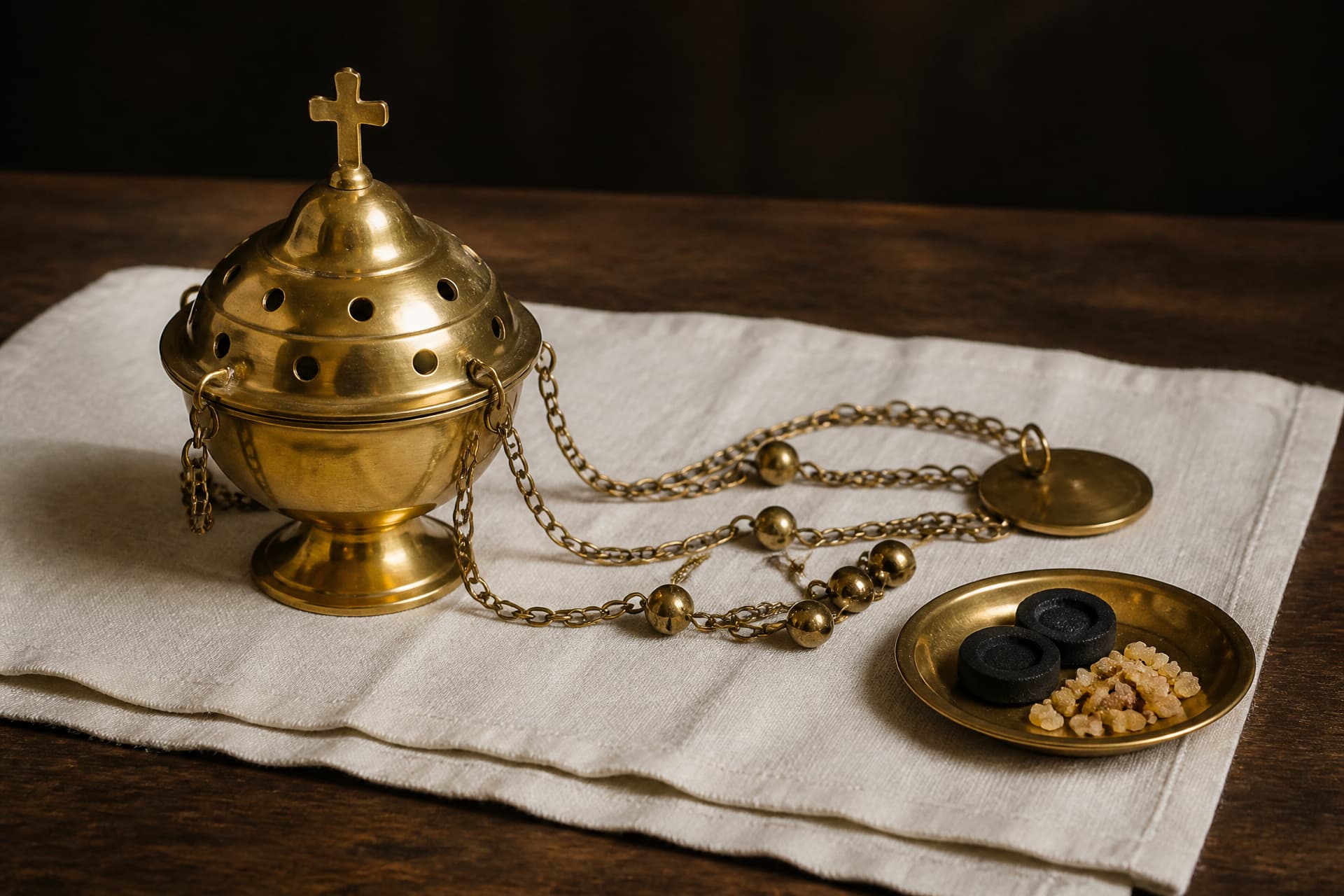 A brass censer standing on a folded white linen cloth, its chains and small bells coiled loose beside it, with a shallow brass dish of charcoal discs and amber incense resin alongside