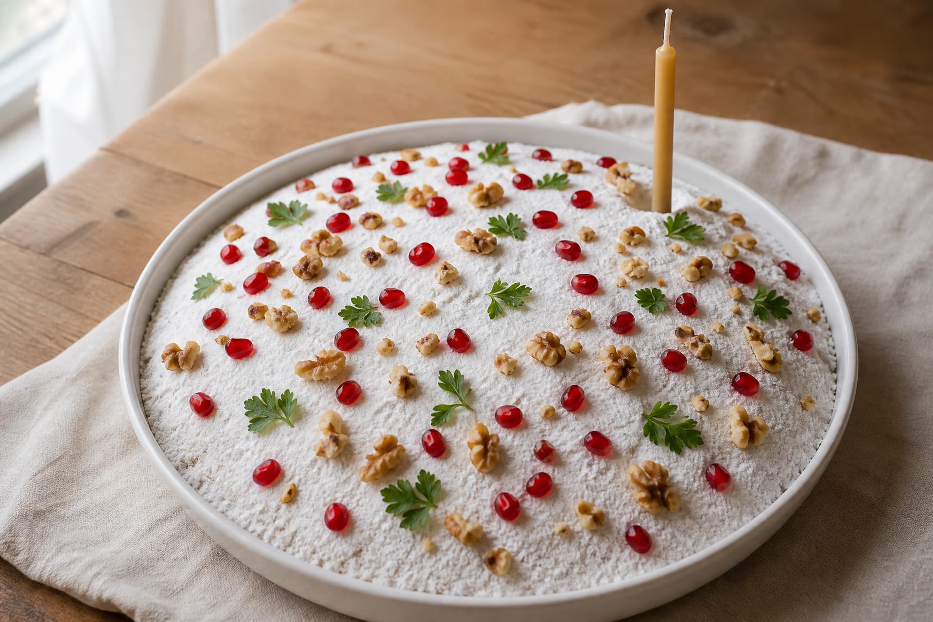 A shallow white ceramic dish of koliva โ boiled wheat under a smooth layer of powdered sugar, scattered with pomegranate seeds, chopped walnuts and parsley โ on a linen cloth, with one slender taper standing upright in the wheat