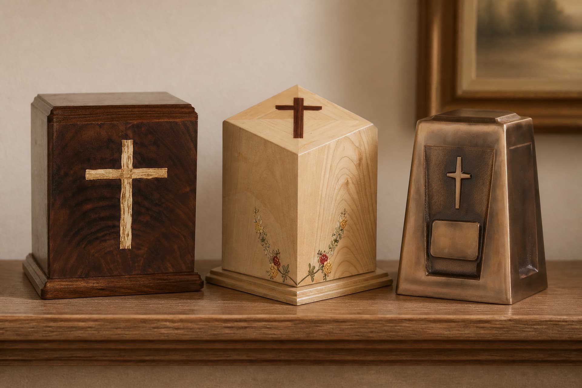 Three cremation urns with cross detailing โ dark walnut, pale wood and bronze โ standing on a wooden shelf in soft indoor light
