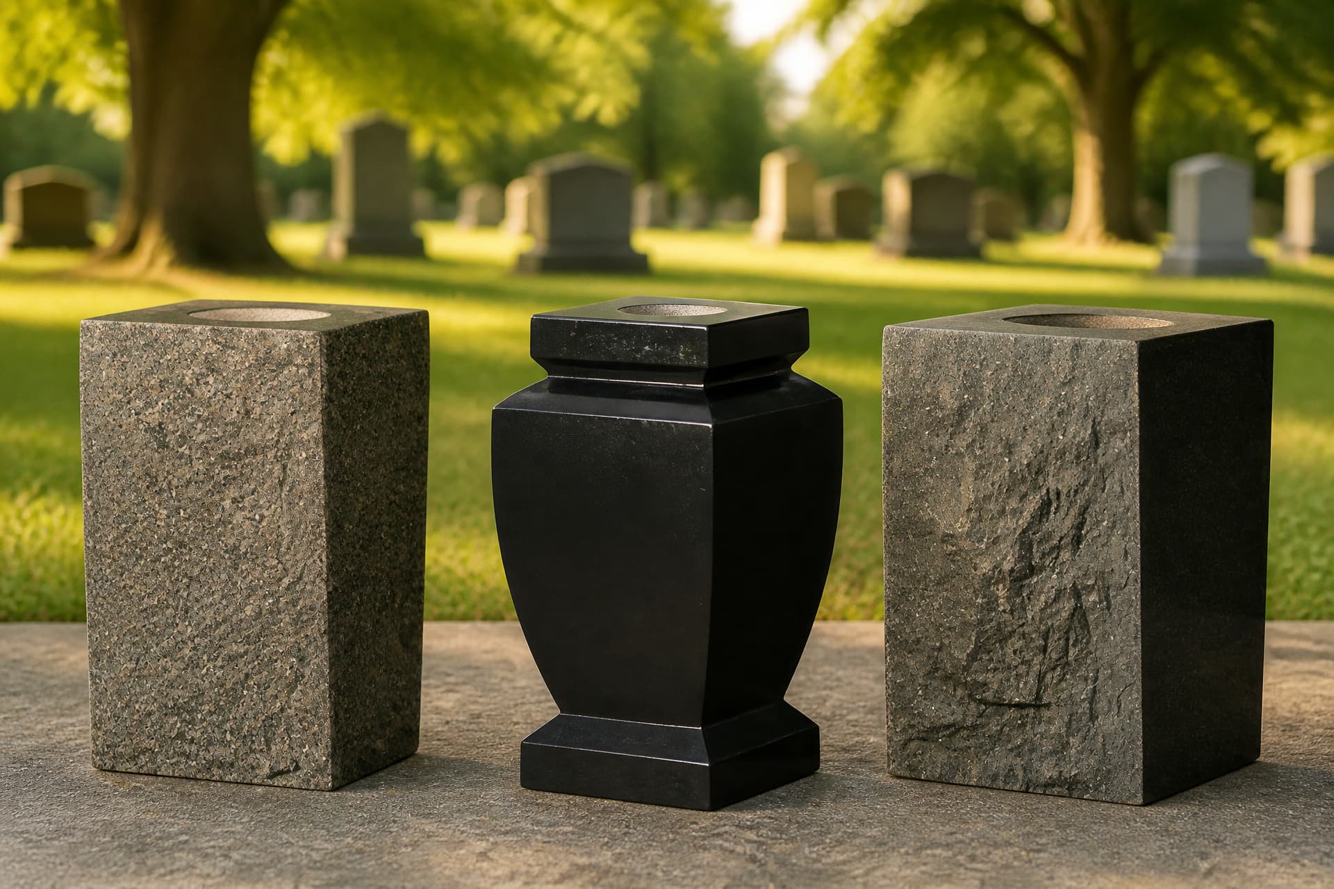 Three granite cemetery vases with drilled flower openings standing side by side on a stone ledge, a sunlit cemetery lawn behind them
