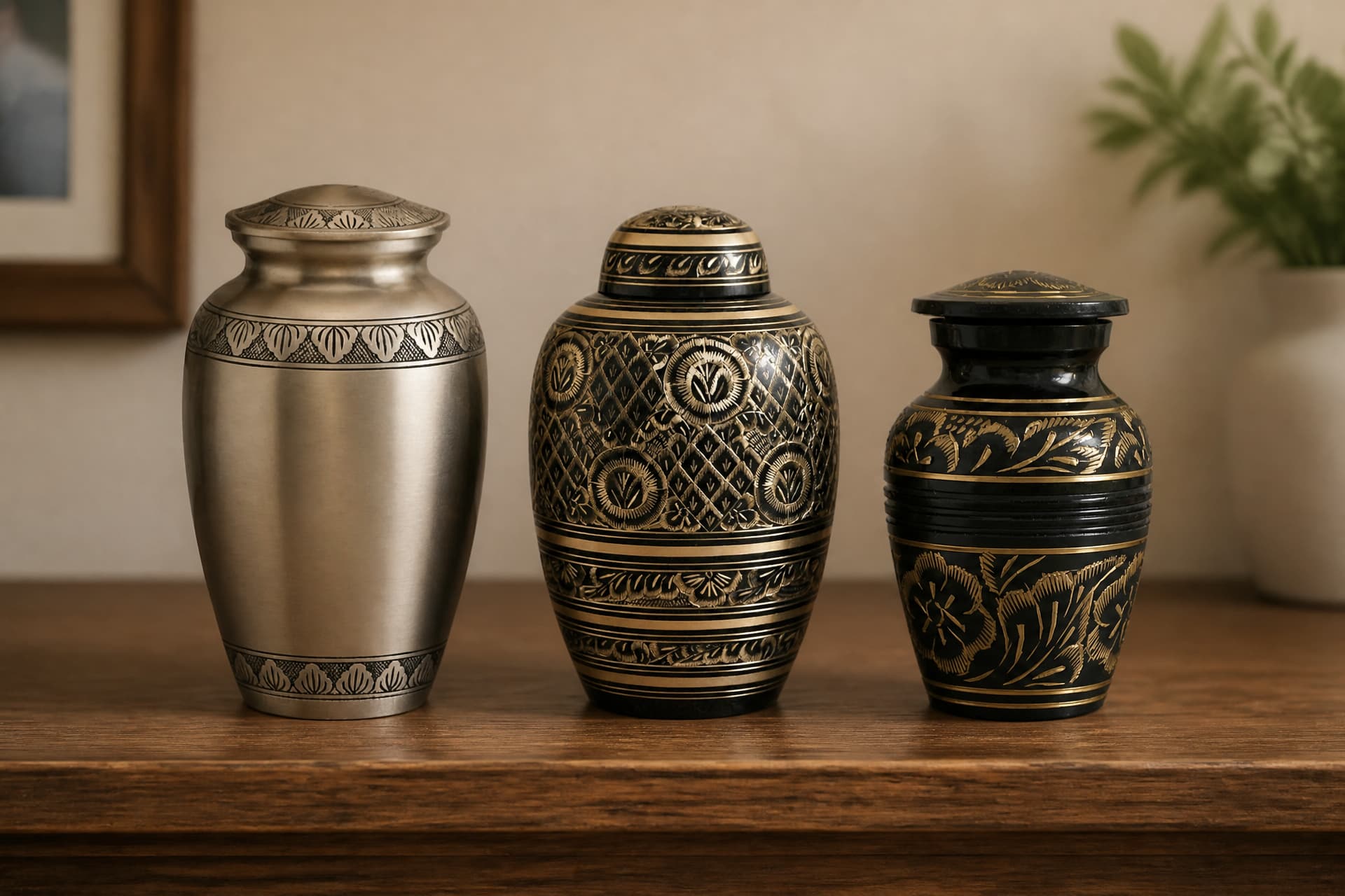 Three keepsake urns โ brushed pewter, black and gold patterned, and black with gold floral engraving โ standing on a wooden home shelf in warm indoor light
