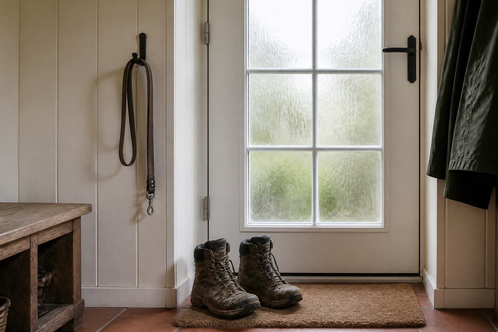 A pair of walking boots by a door with one lead still hanging above them