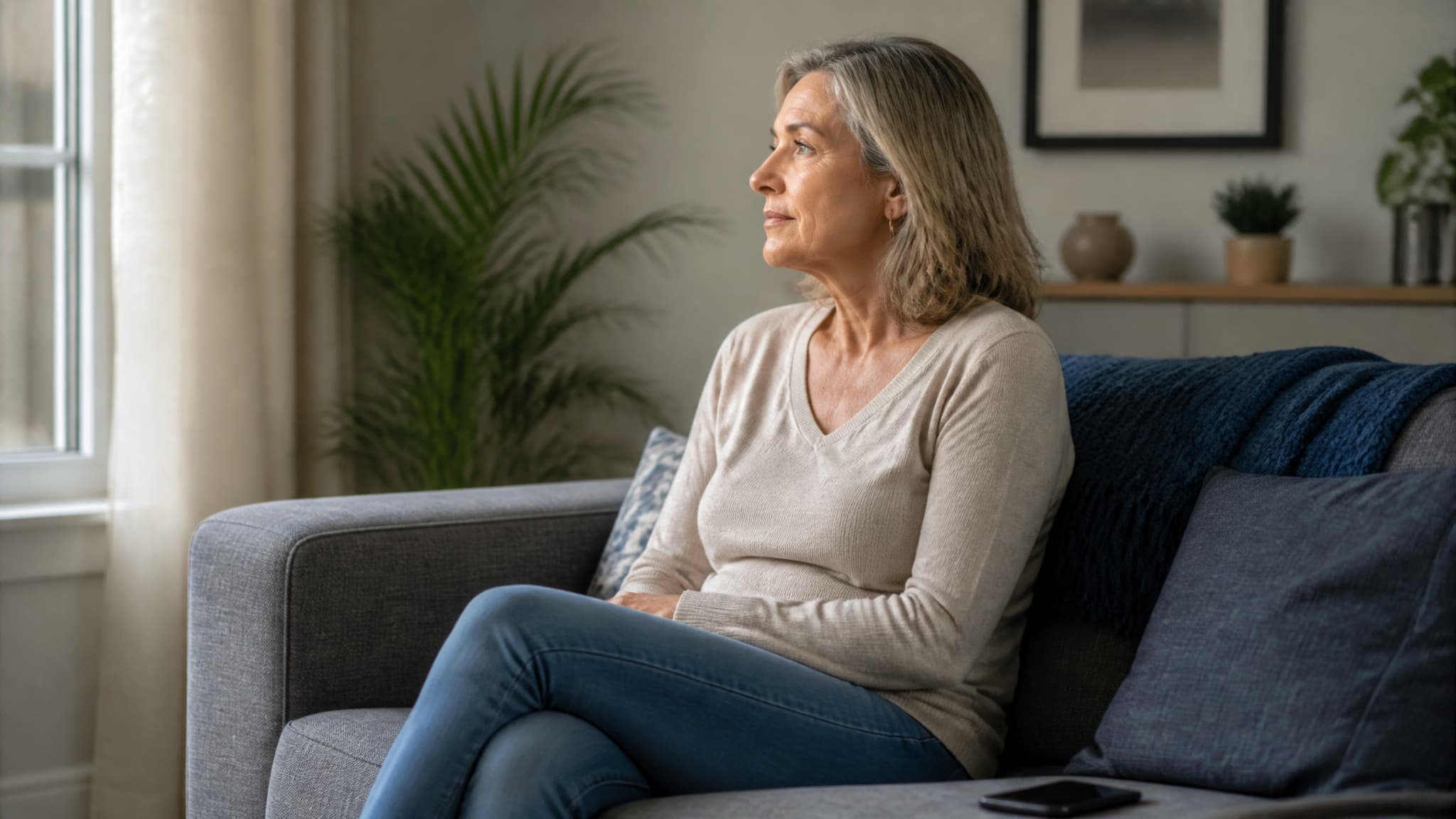 A person sitting on a sofa in soft daylight with a phone face-down beside them, looking out of frame