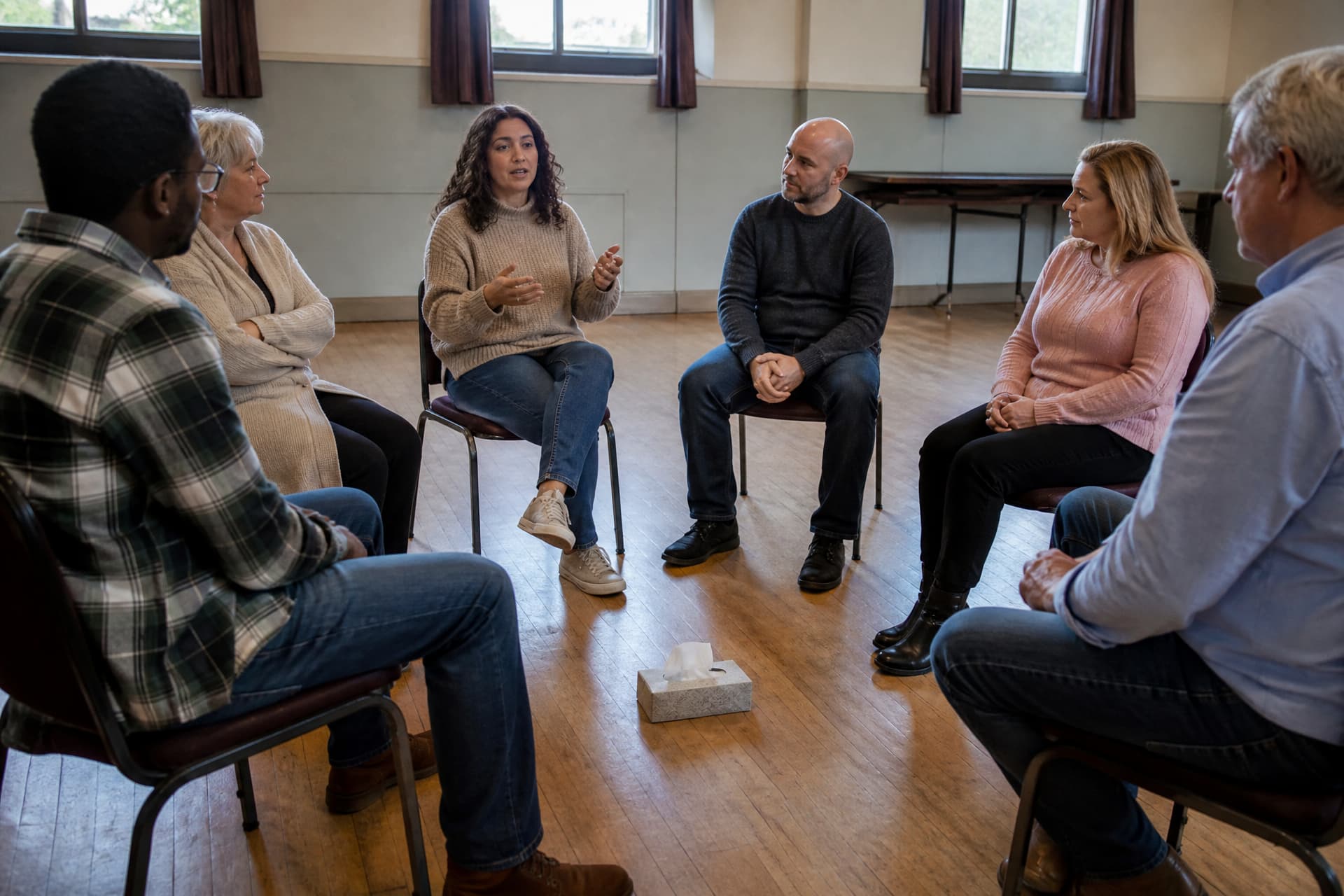Six adults sitting in a circle of stacking chairs in a community hall, one speaking and the others listening