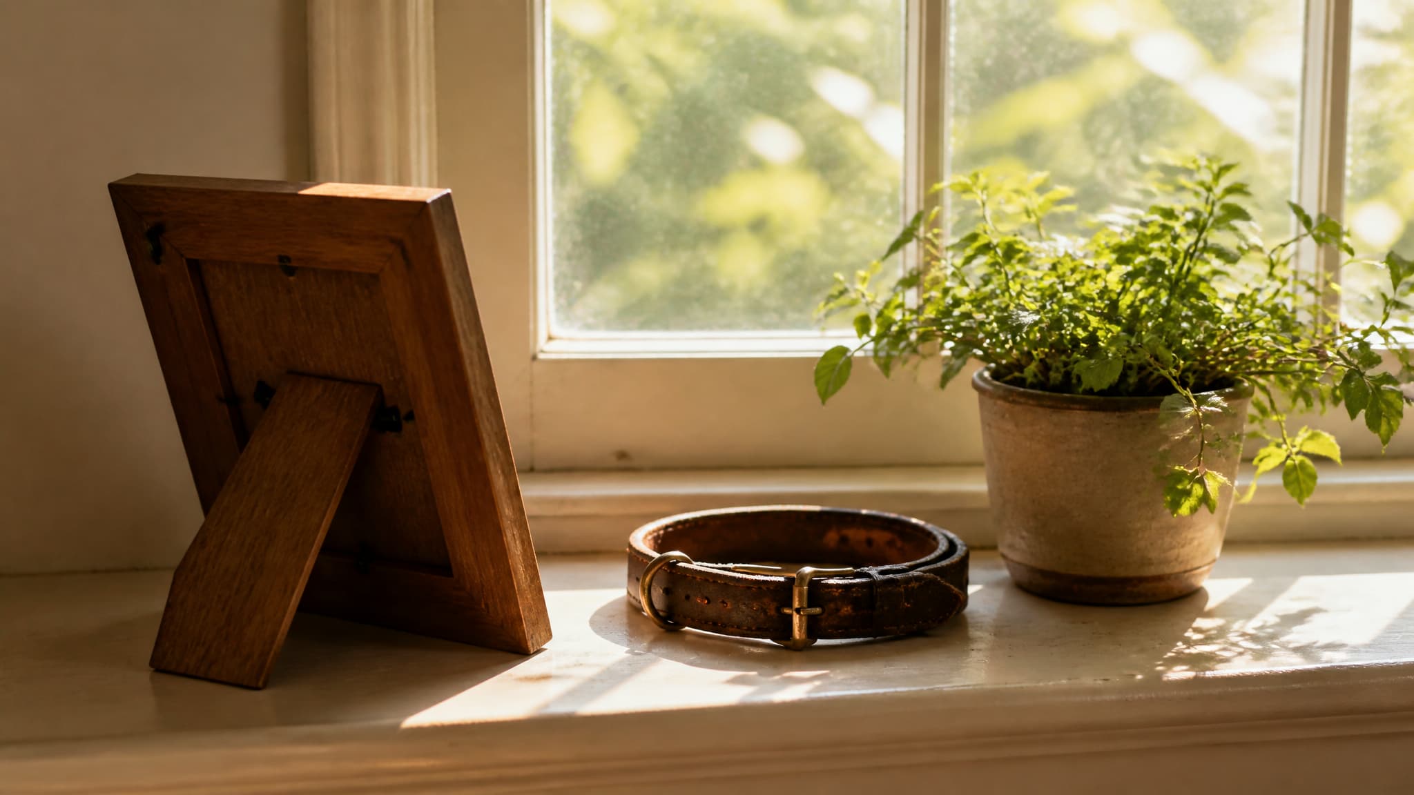 A sunlit windowsill with a framed photograph turned slightly away and a collar resting beside it