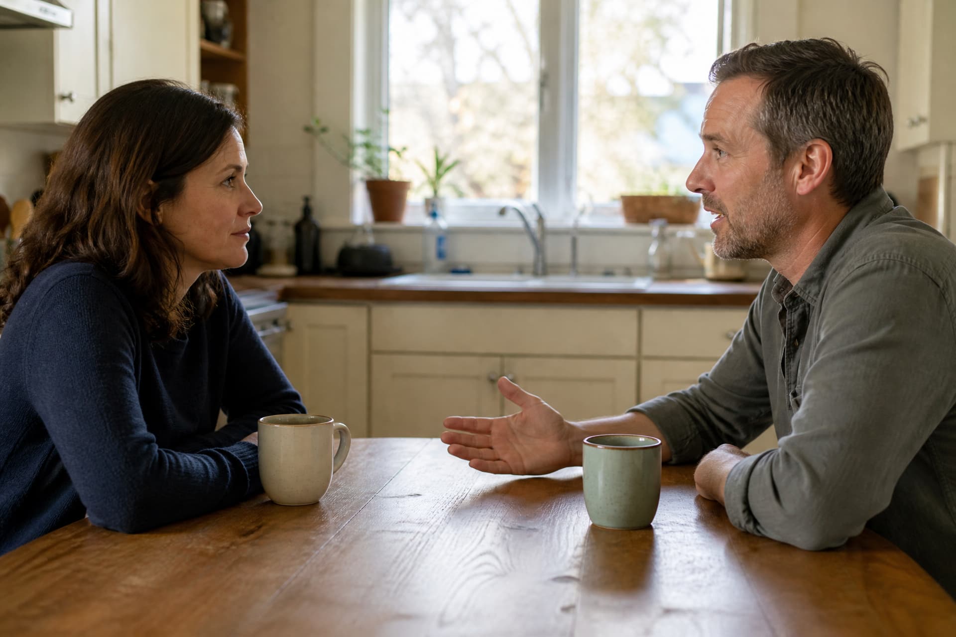 Two people talking at a kitchen table, one listening