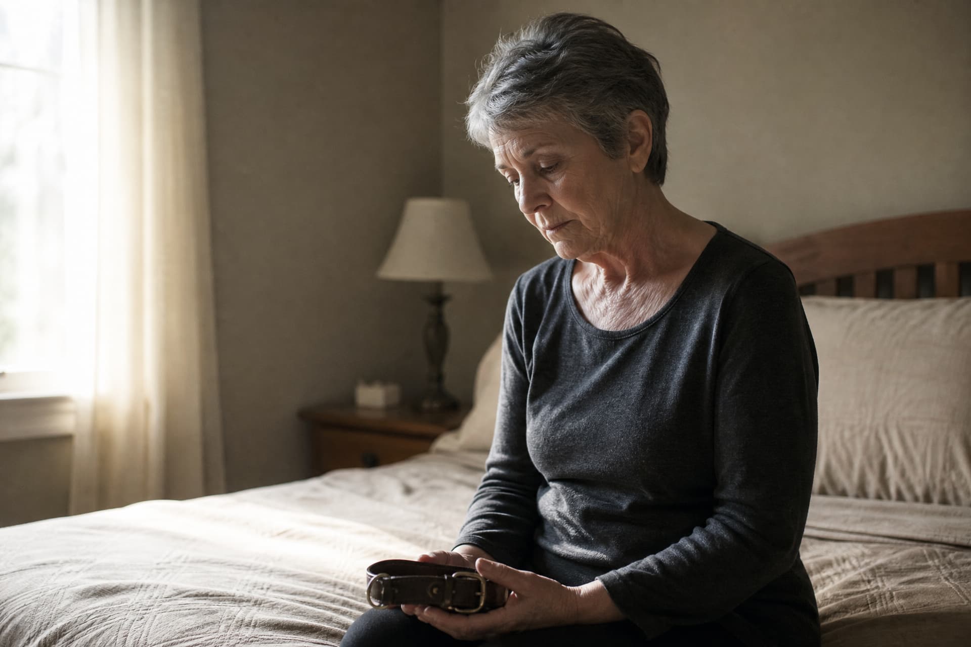 A woman sitting on the edge of a bed holding a folded dog collar in both hands