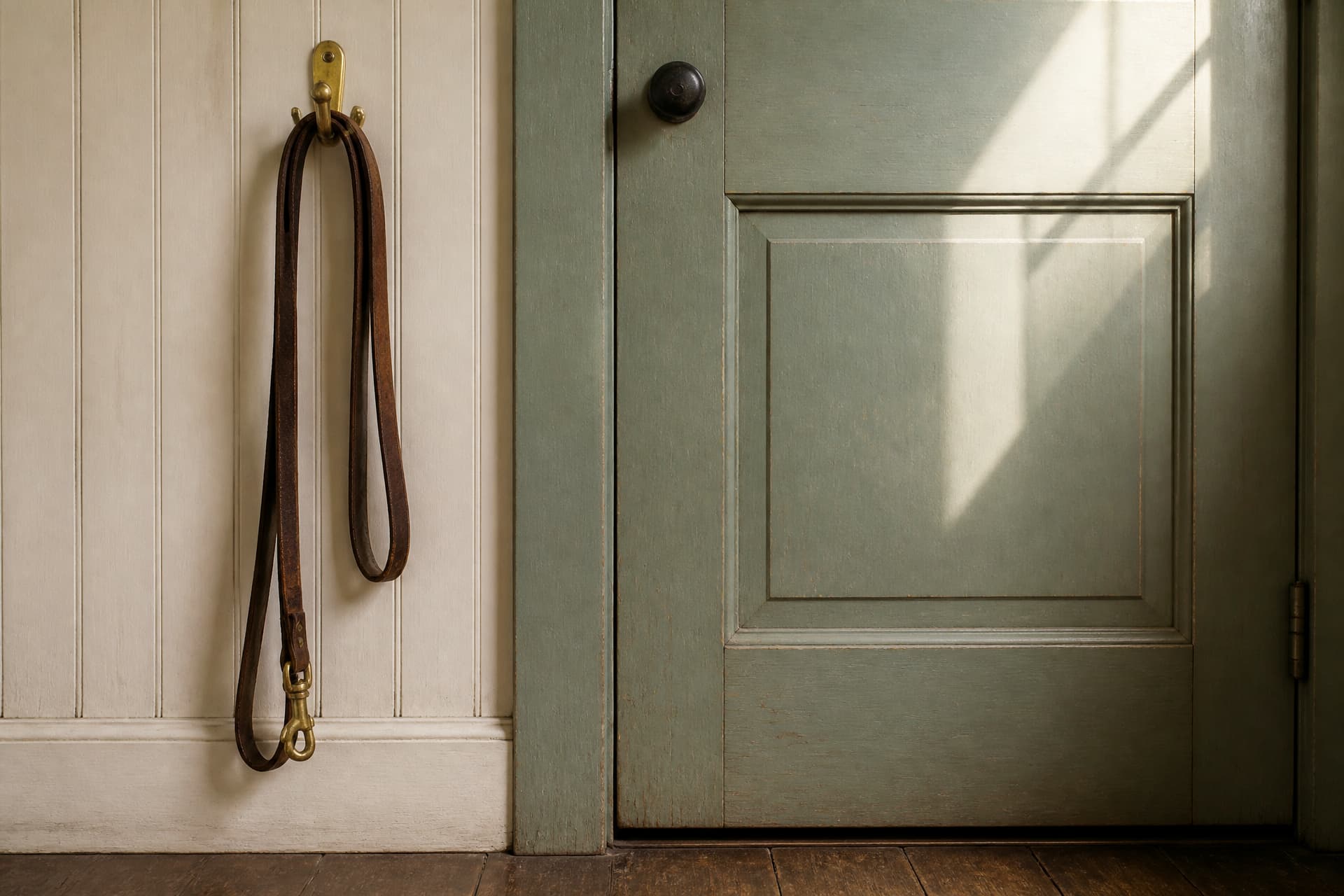An empty leash hanging on a hook beside a back door in morning light