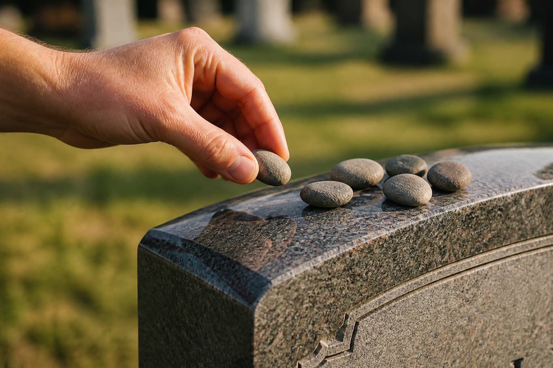 A hand lowering a small smooth gray pebble onto the shoulder of a polished granite headstone, beside five pebbles already resting there in the late afternoon light