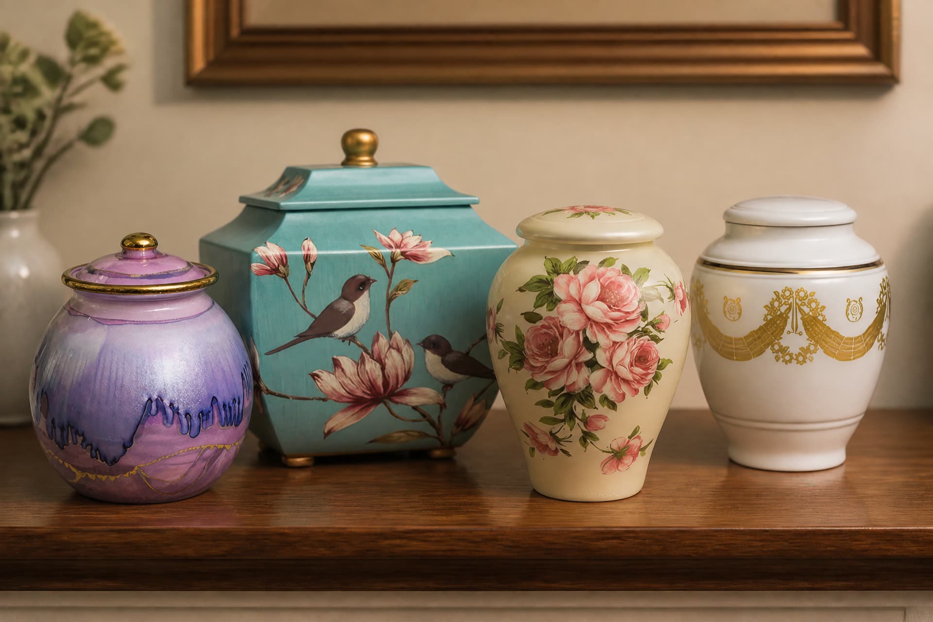 Four ceramic cremation urns arranged on a wooden shelf in a softly lit family home
