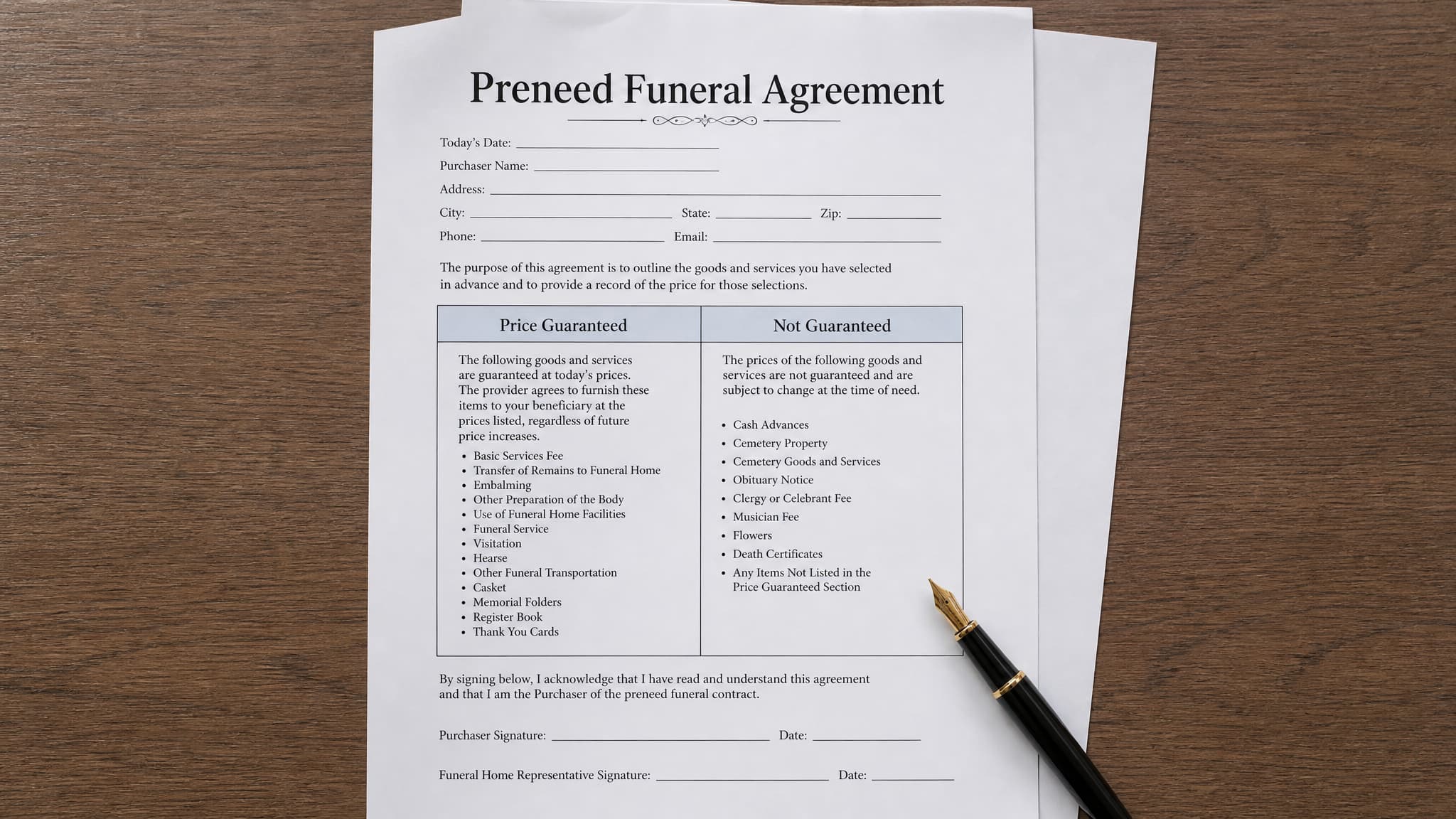 A printed contract on a desk seen from directly above, the top sheet headed 'Preneed Funeral Agreement' with two visible column headings reading 'Price Guaranteed' and 'Not Guaranteed', a fountain pen resting across the lower corner