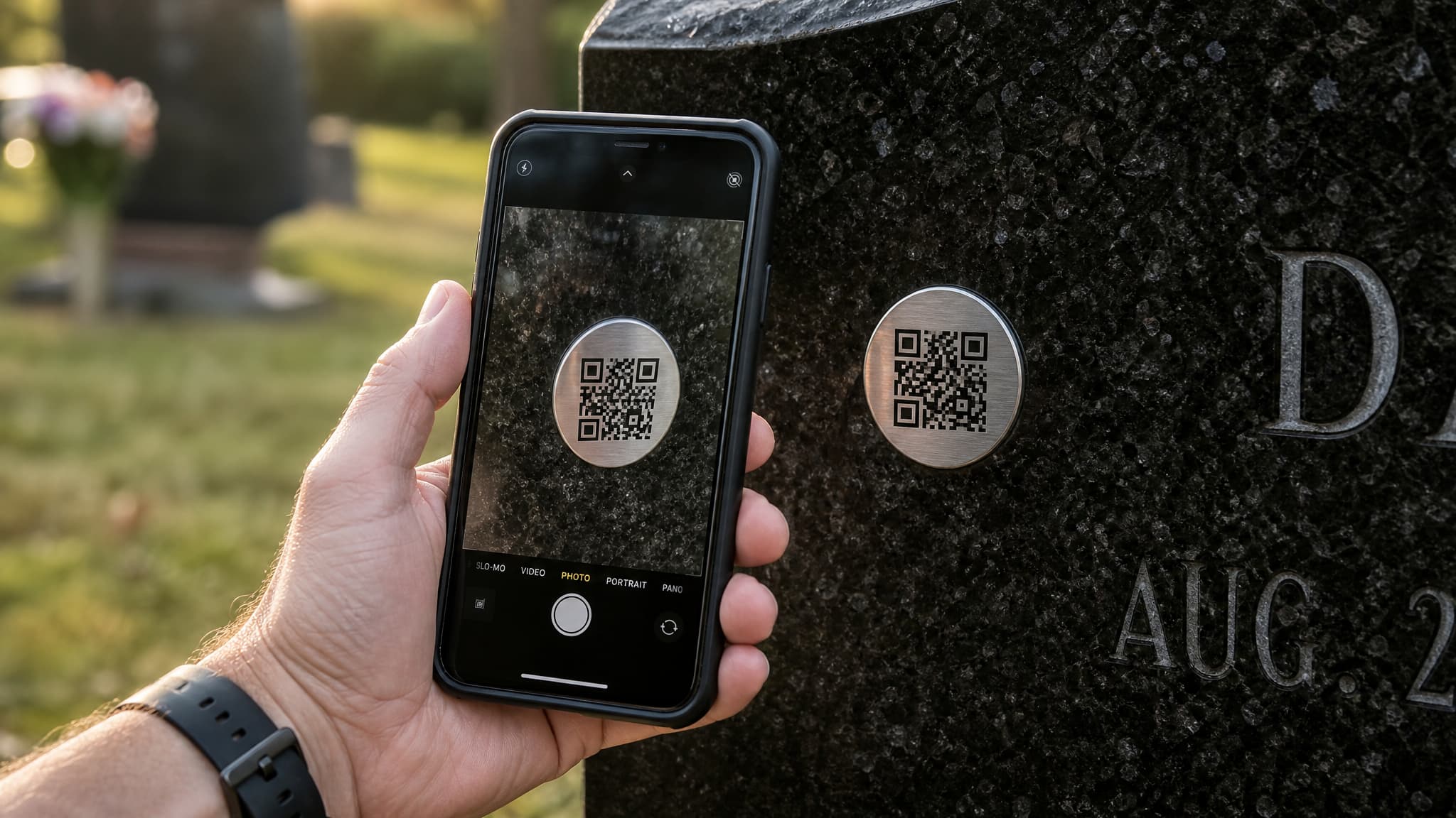 A close-up of a small round metal QR code medallion fixed to the polished granite face of an upright headstone, with a smartphone held up beside it in a visitor's hand, the cemetery lawn blurred behind