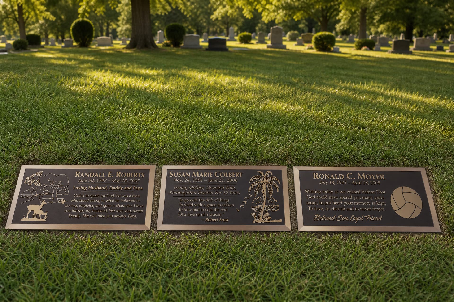 Three cast bronze memorial plaques laid on a sunlit cemetery lawn, each with a name, dates, a verse and an engraved scene